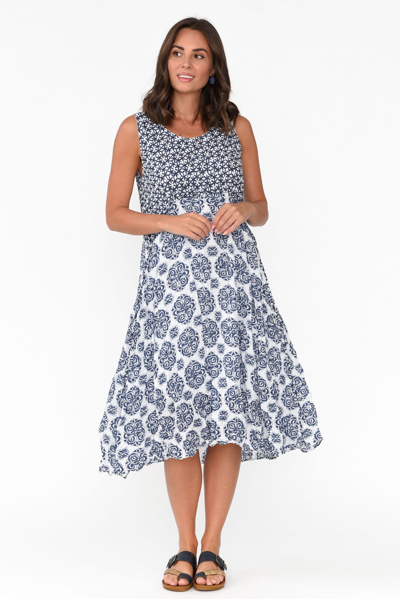 Jolie Navy Fiesta Crinkle Cotton Dress