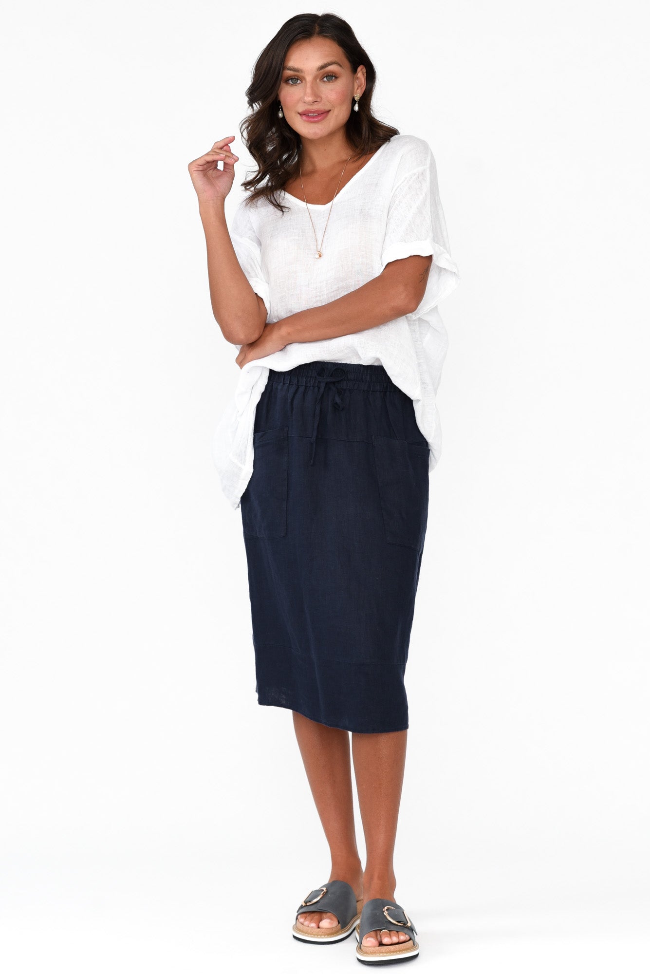 Claire Navy Linen Pocket Midi Skirt