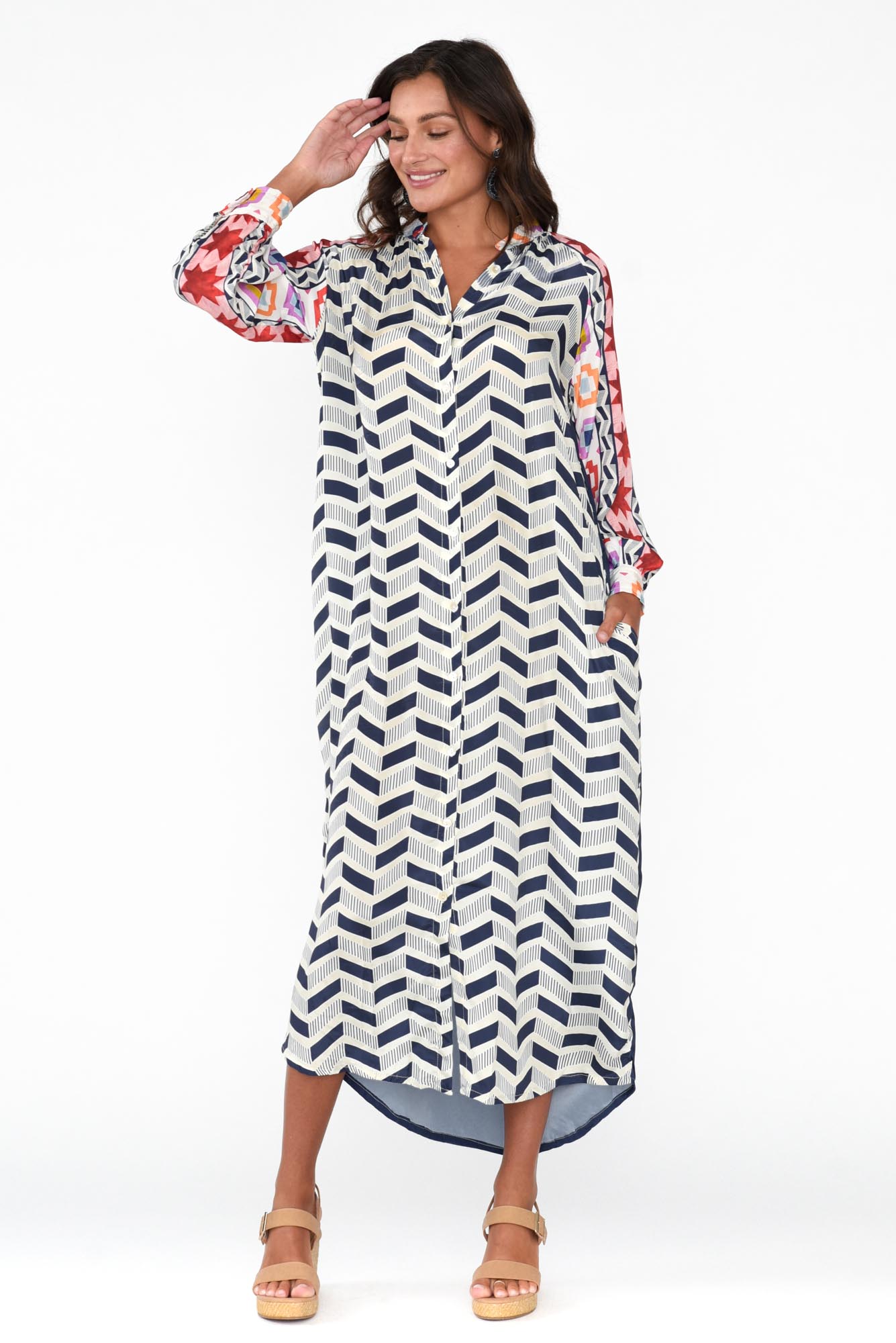 Maeva Navy Geometric Shirt Dress