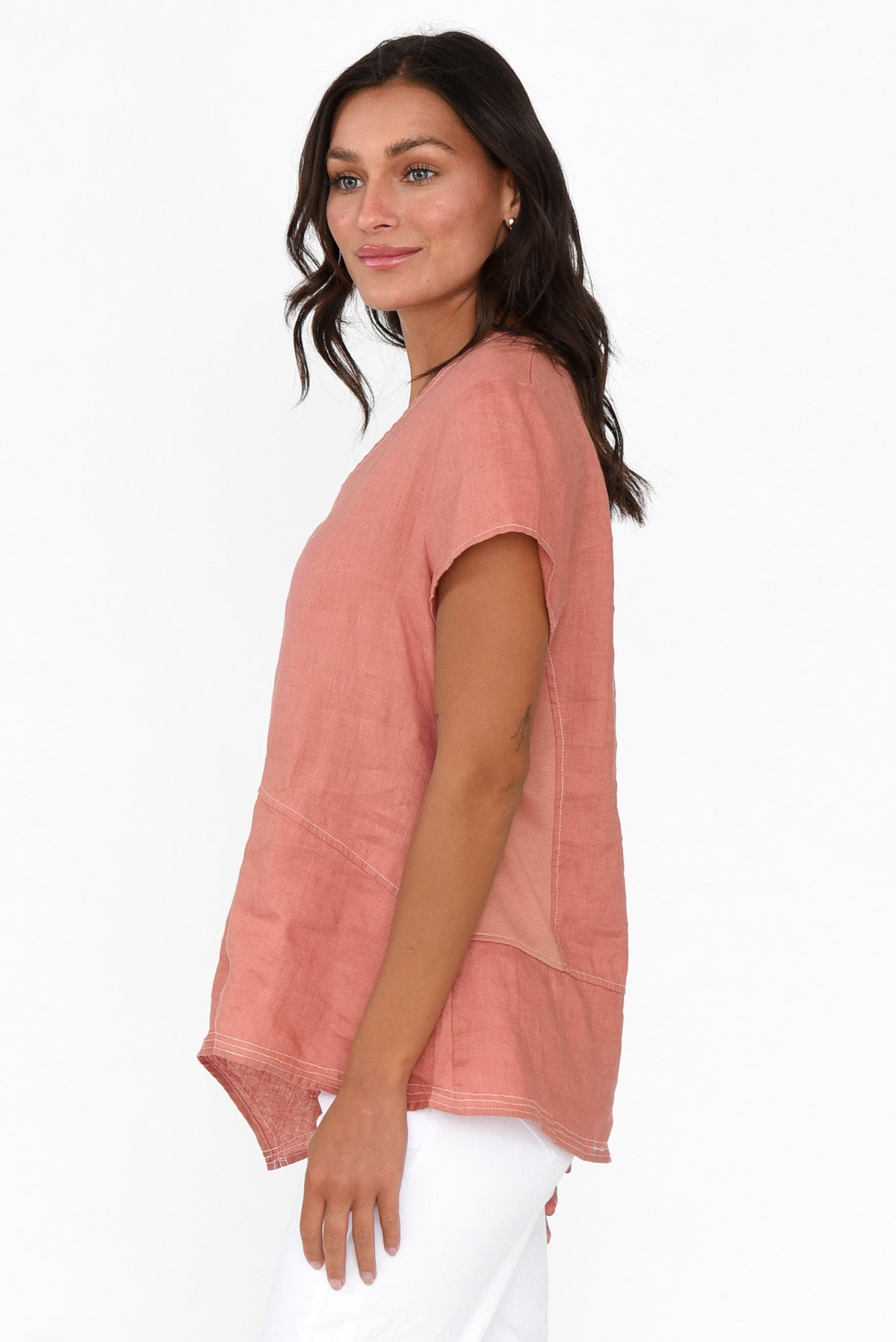 Lindy Rust Linen V Neck Top