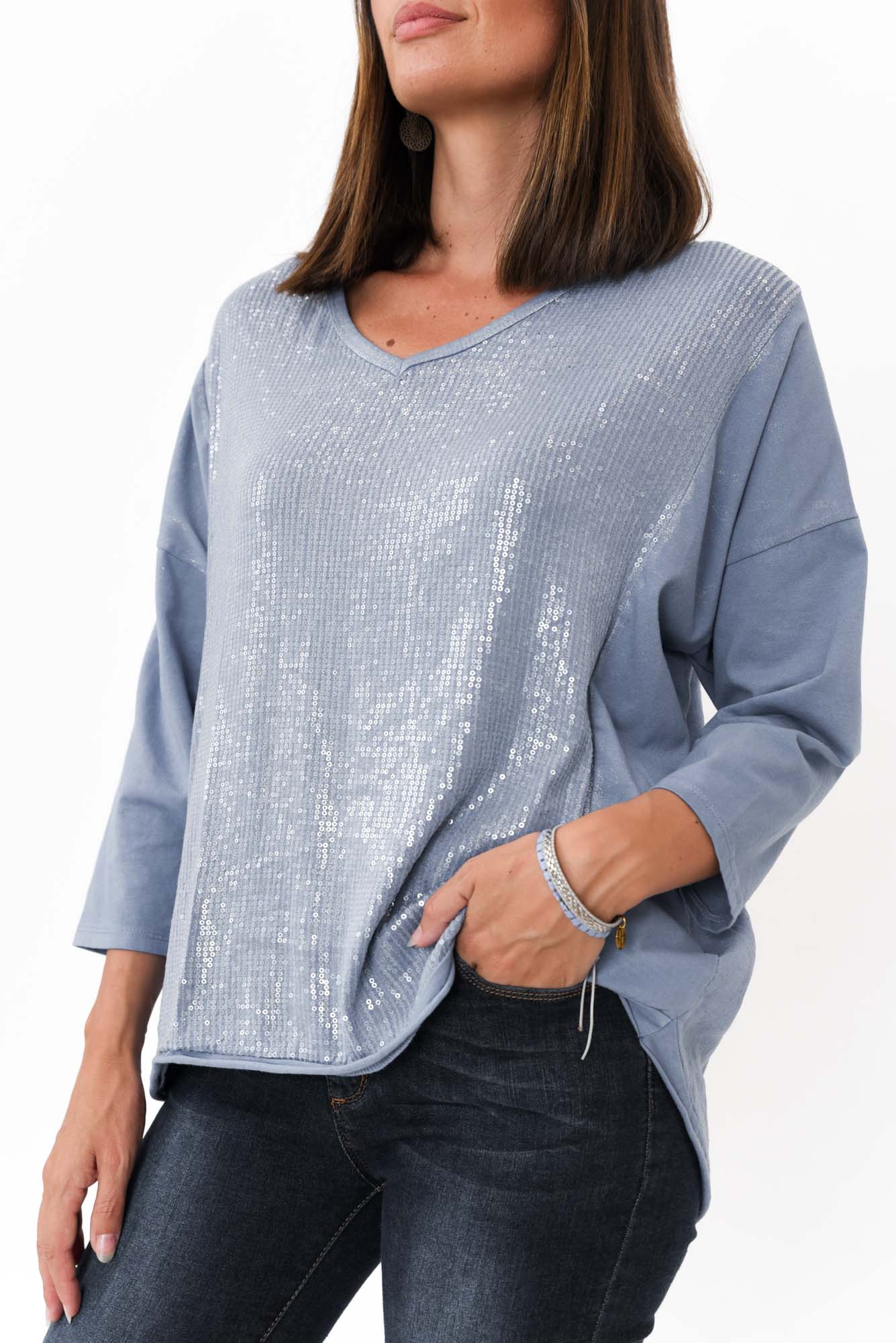 Willard Blue Cotton Sequin Top
