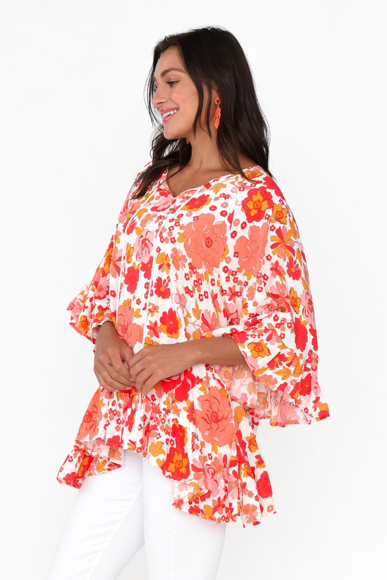 Chase Red Bloom Tassel Ruffle Top