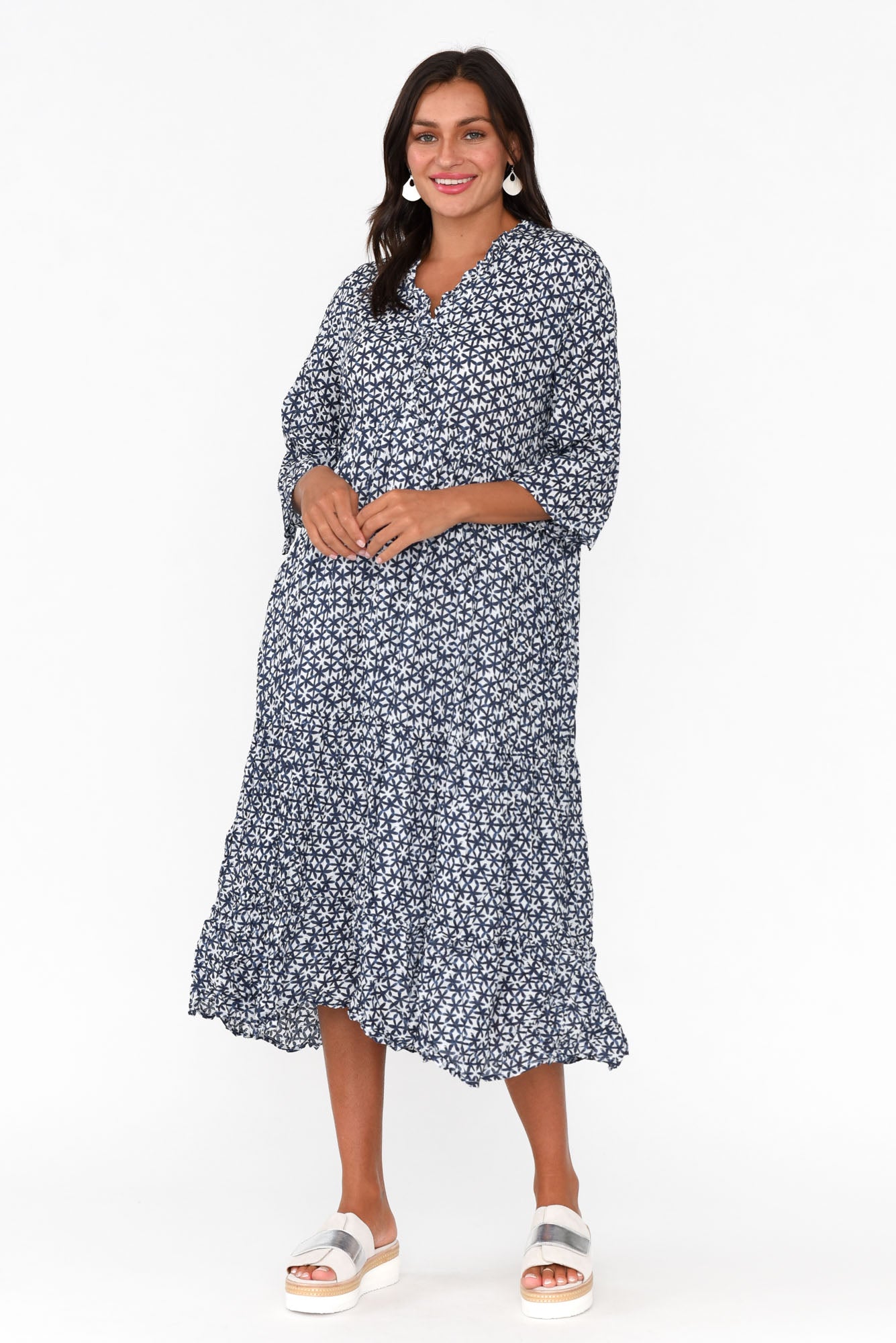 Anniston Navy Flower Cotton Tiered Dress
