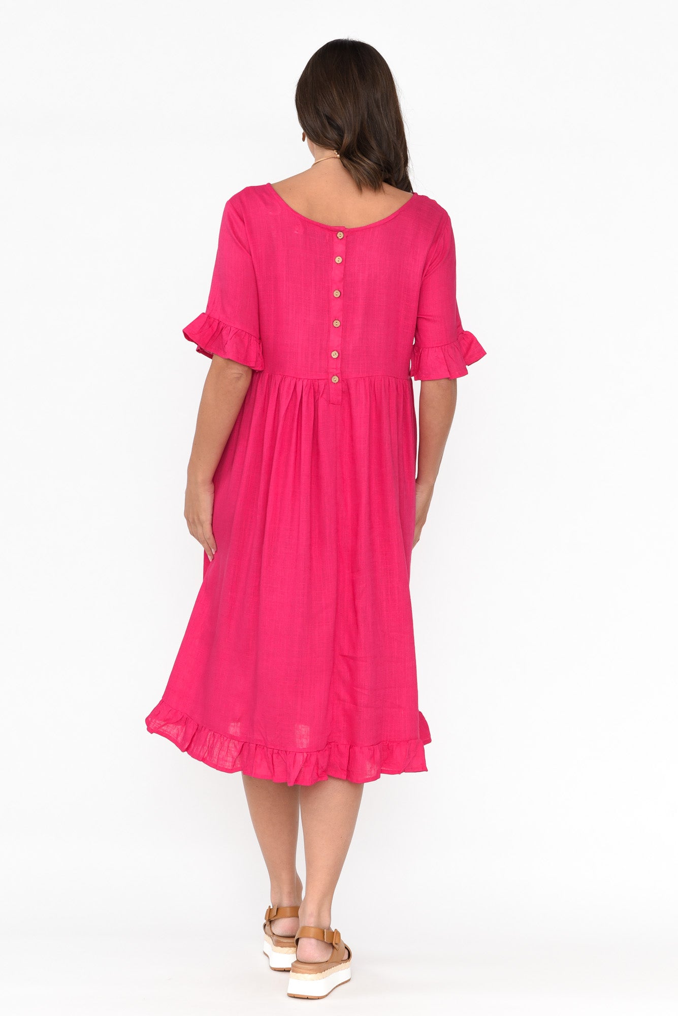 Tamsen Hot Pink Linen Cotton Ruffle Dress