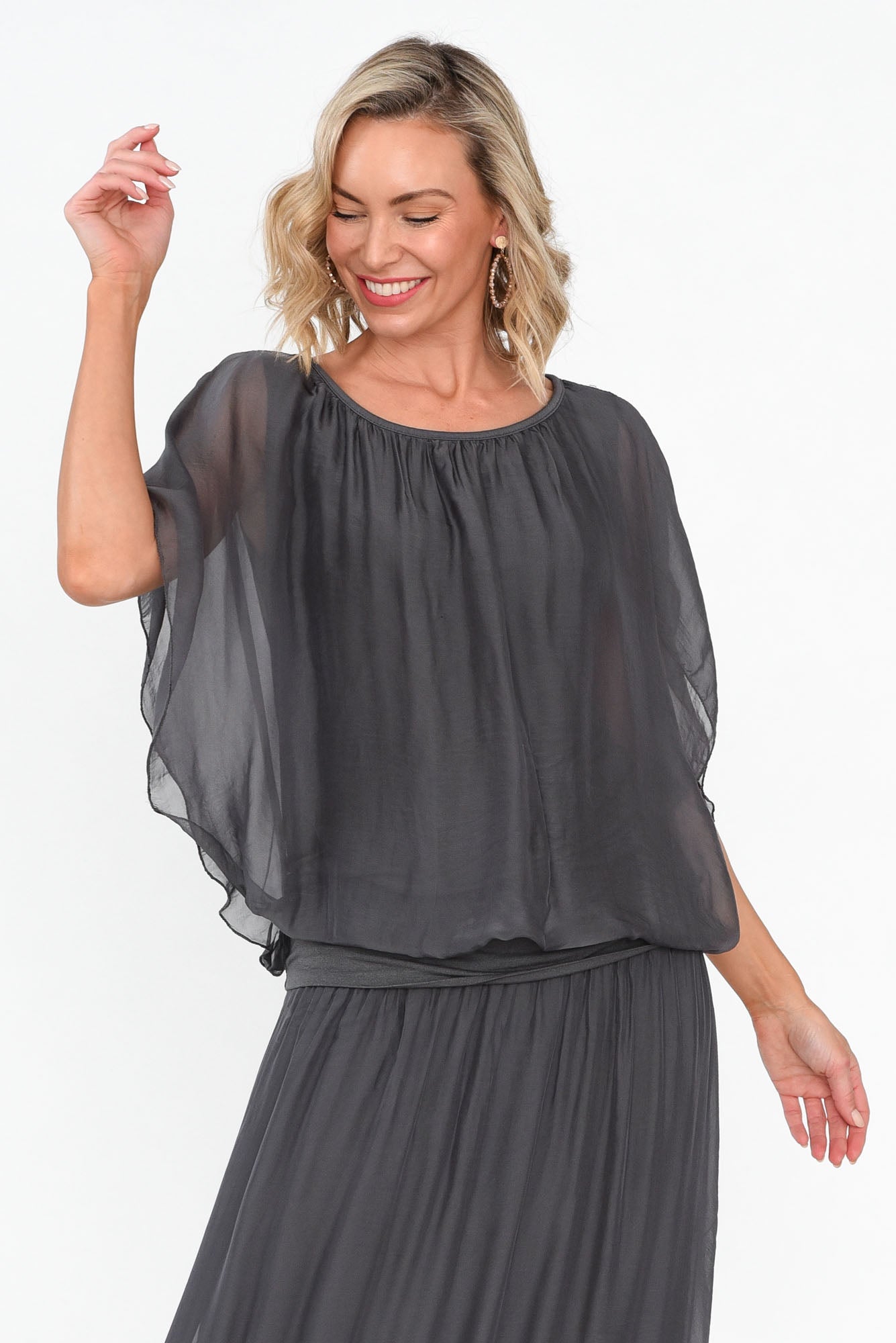 Evaline Charcoal Silk Layer Top