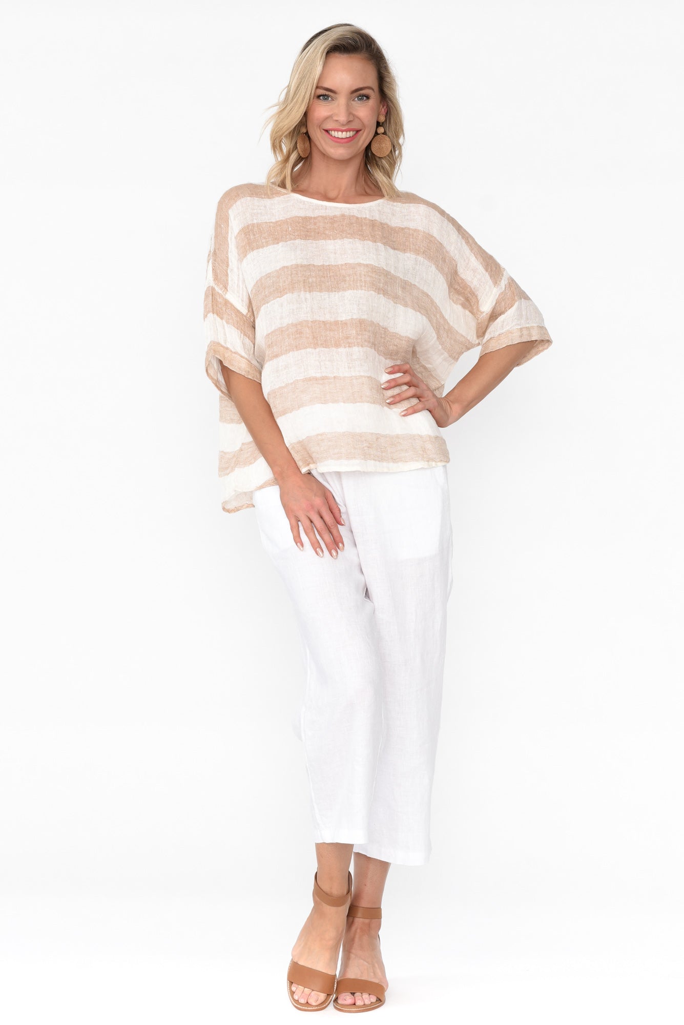 Damian Beige Stripe Linen Top