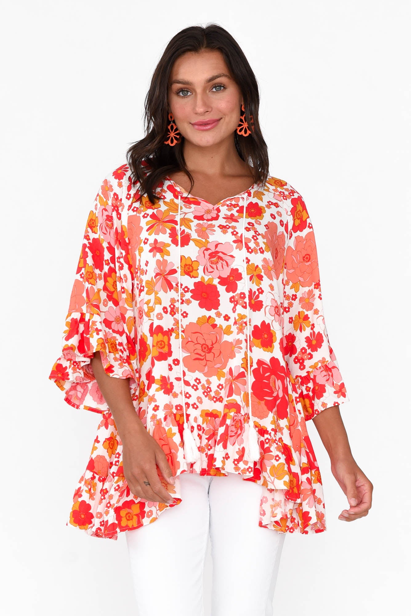Chase Red Bloom Tassel Ruffle Top