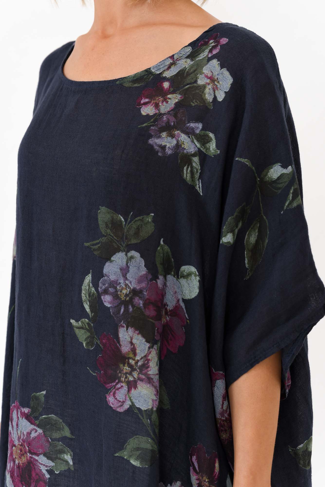 Noemi Navy Floral Linen Kaftan Tunic
