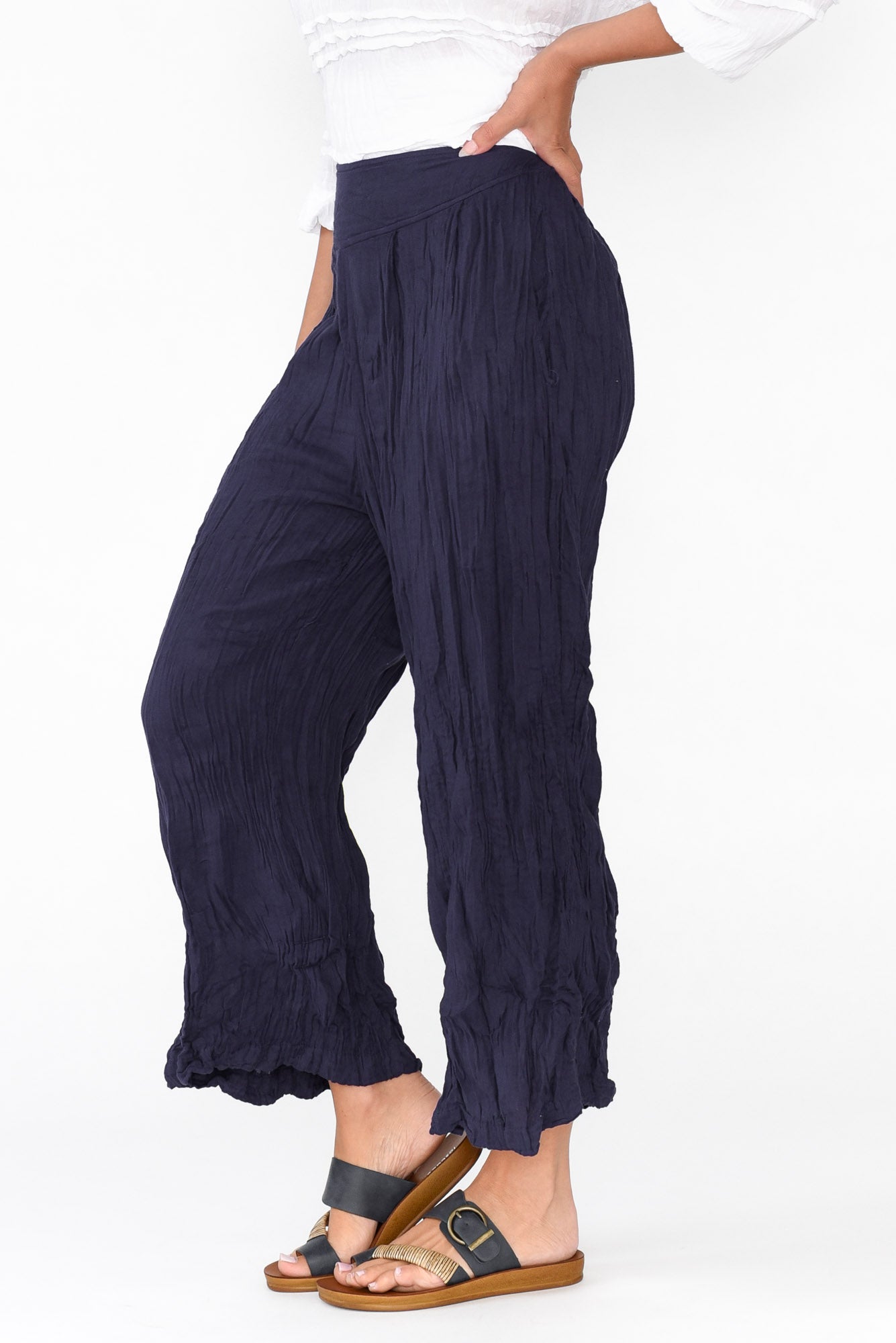 Costello Navy Crinkle Cotton Pant