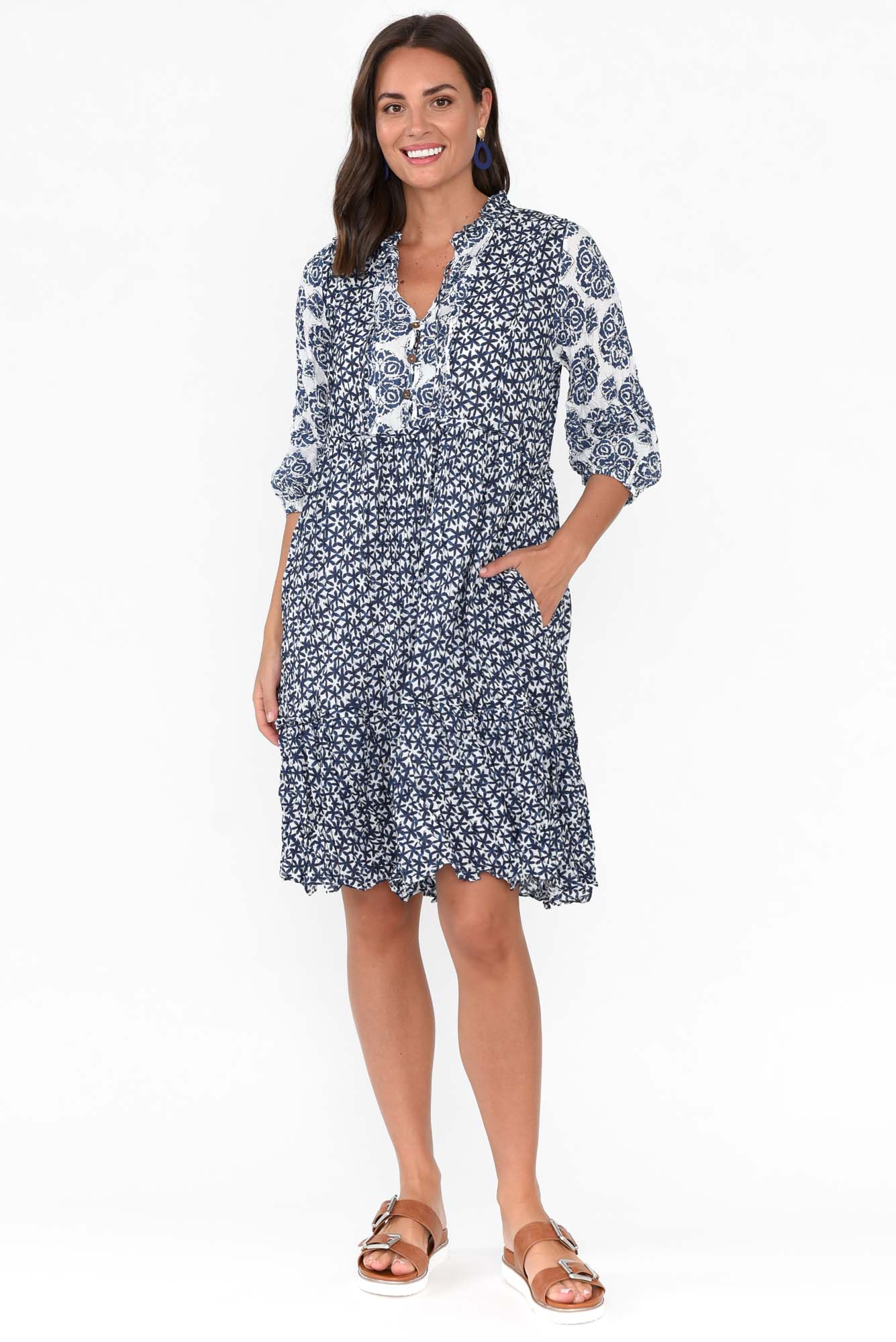 Oakwood Navy Flower Cotton Puff Sleeve Dress