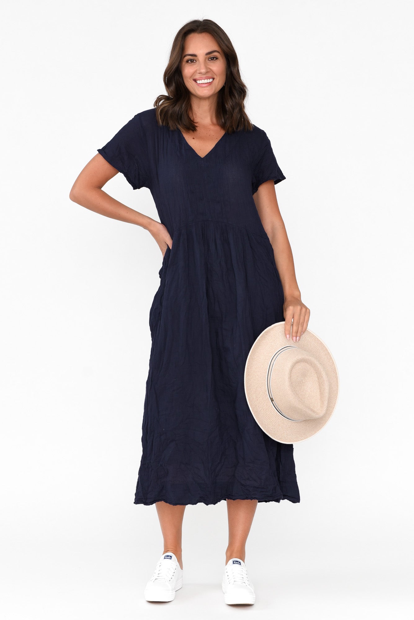Tamsin Navy Crinkle Cotton Maxi Dress