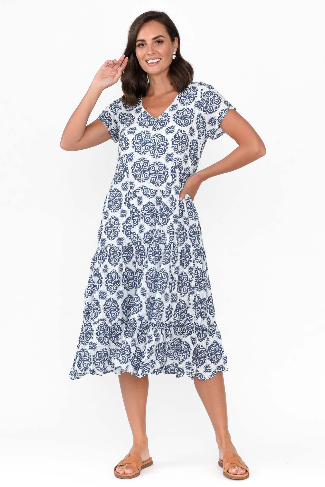 Carmen Navy Fiesta Crinkle Cotton Dress