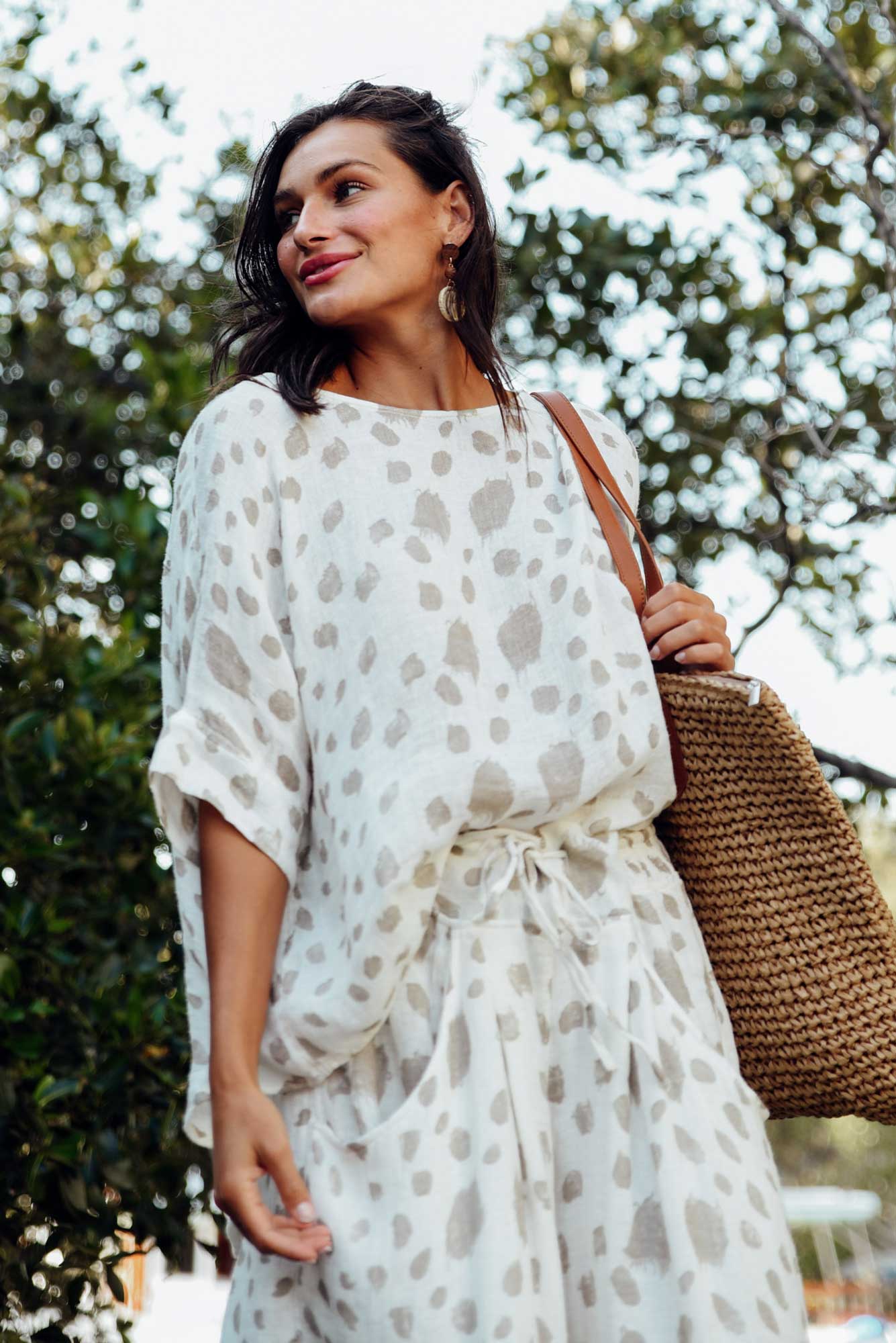 Akoni Beige Spot Linen Top
