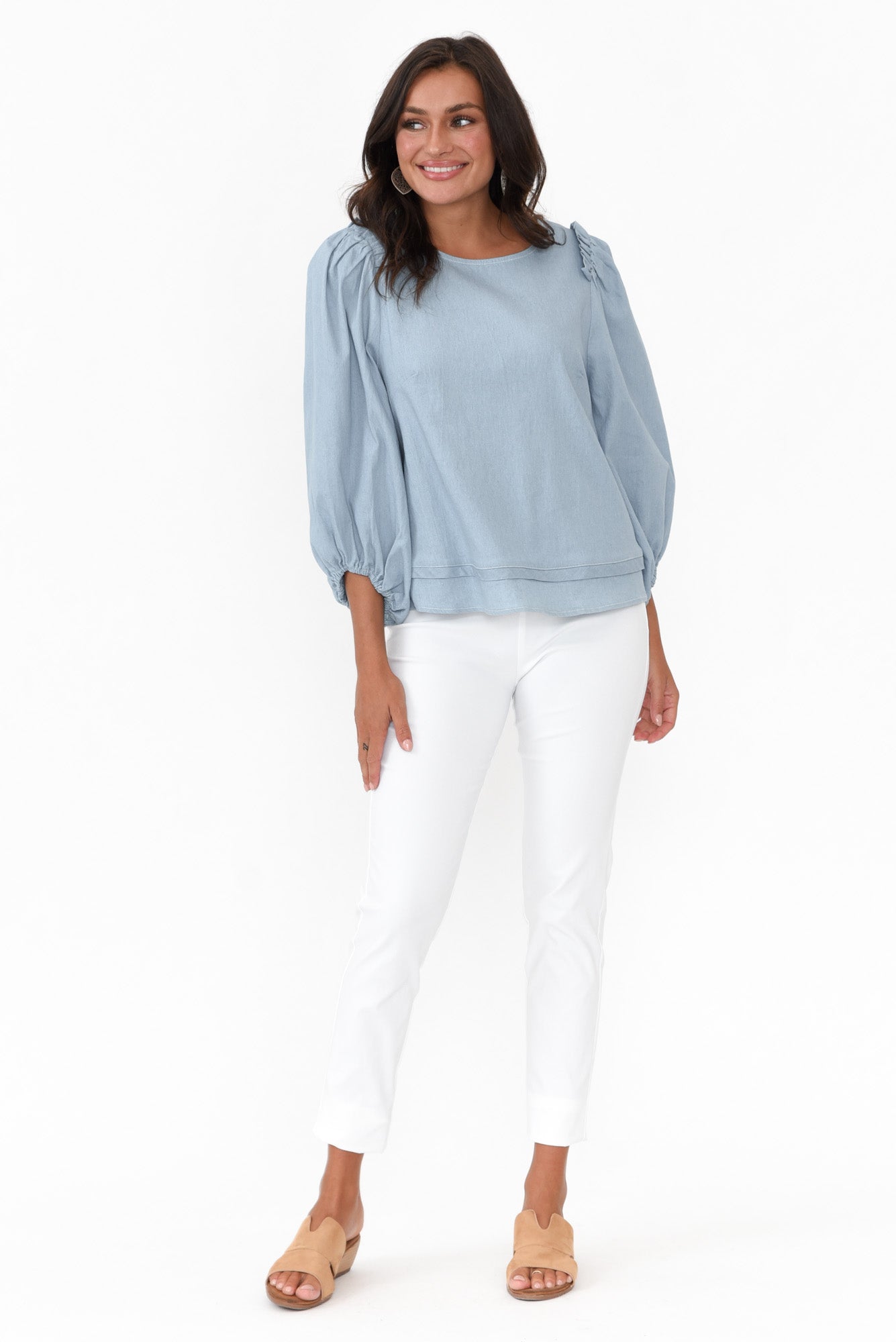 Ferguson Light Blue Cotton Blend Frill Top