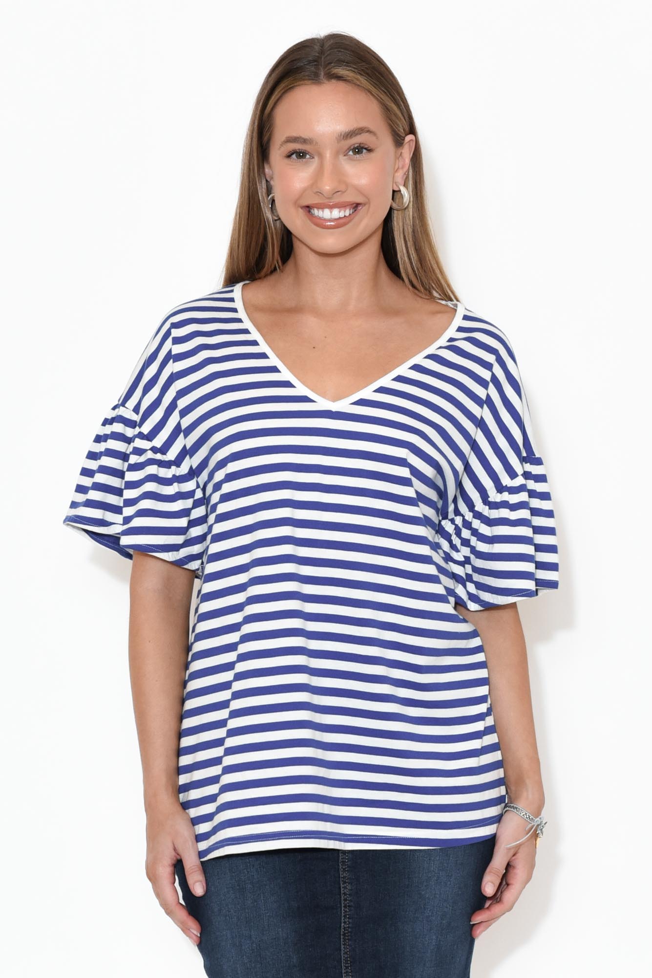 Alessia Blue Stripe Cotton Frill Top