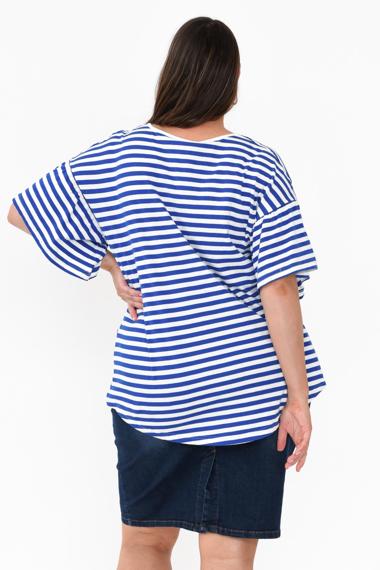 Alessia Blue Stripe Cotton Frill Top