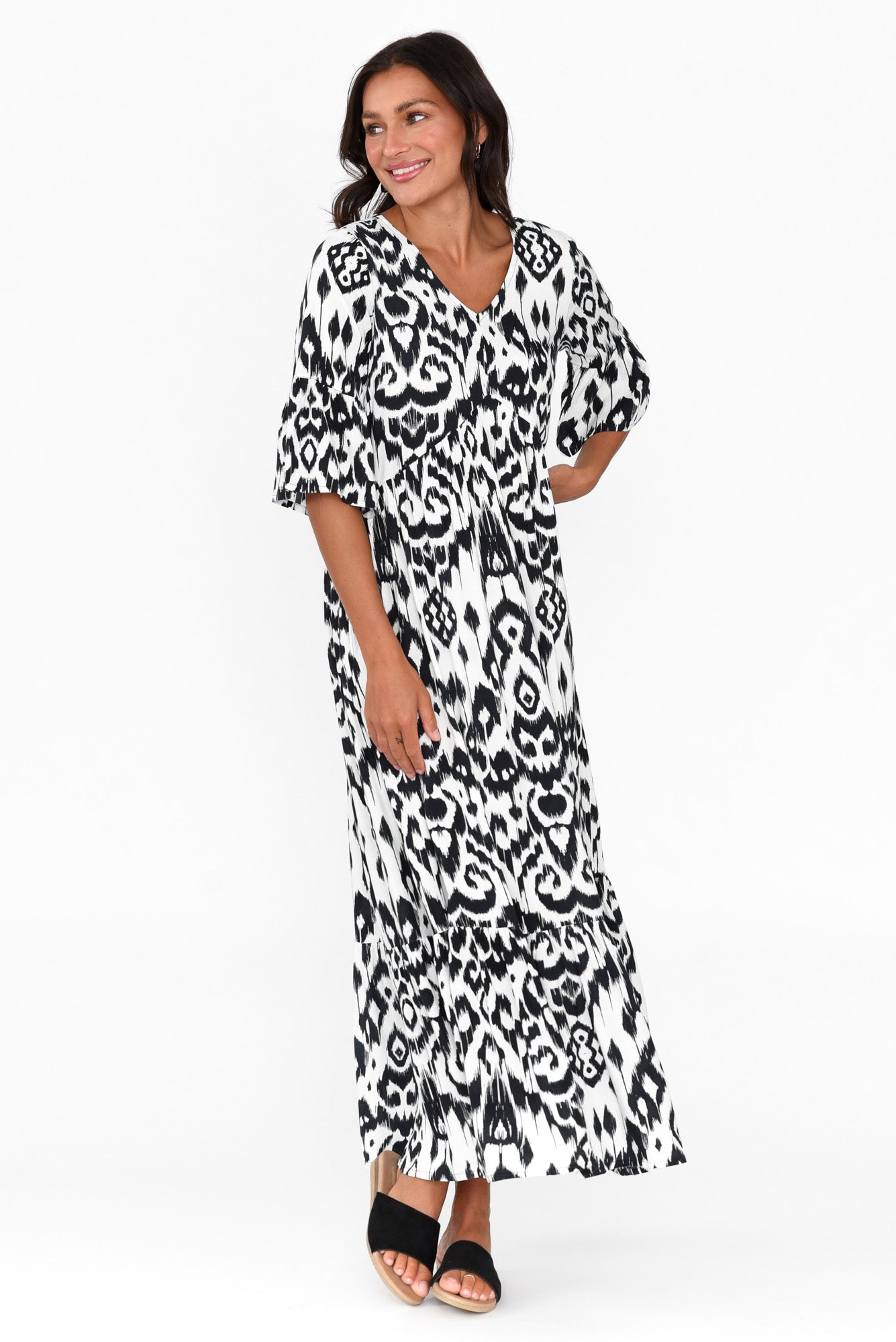 Izmir Black Geo Frill Sleeve Dress