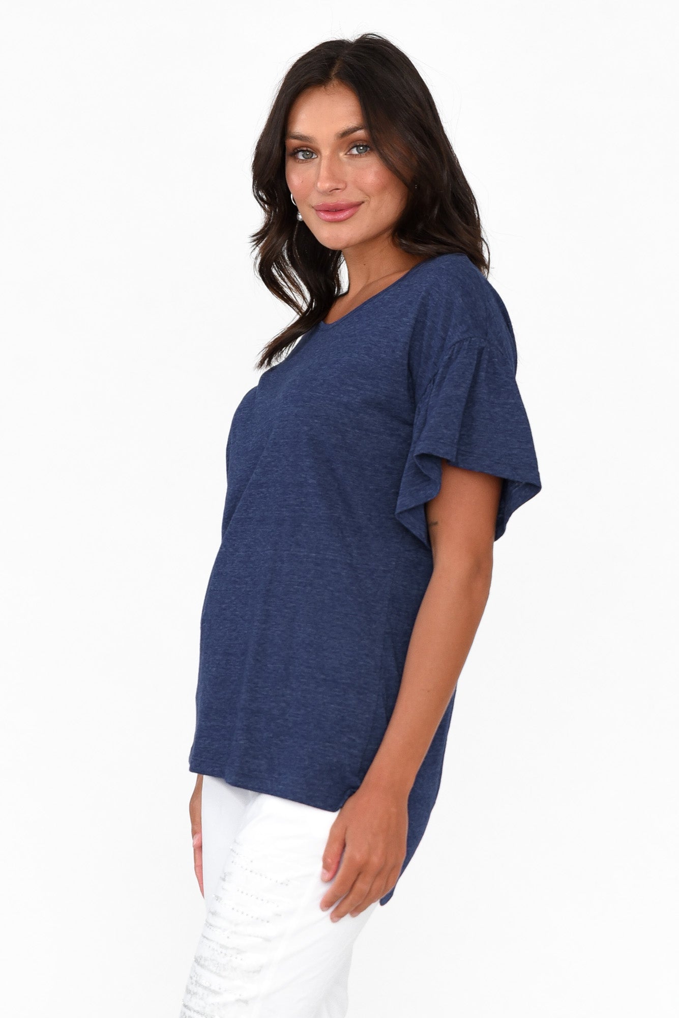 Alessia Navy Cotton Blend Frill Top