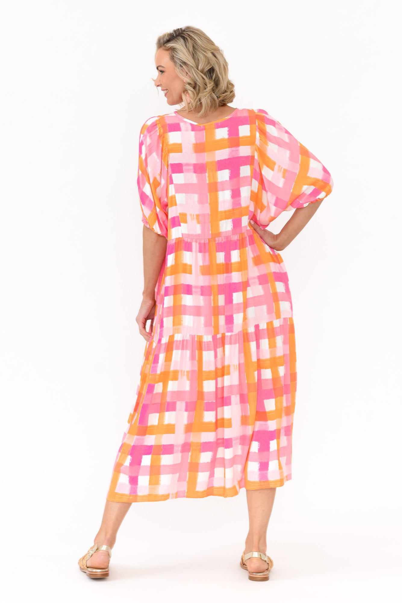 Rima Pink Check Midi Dress