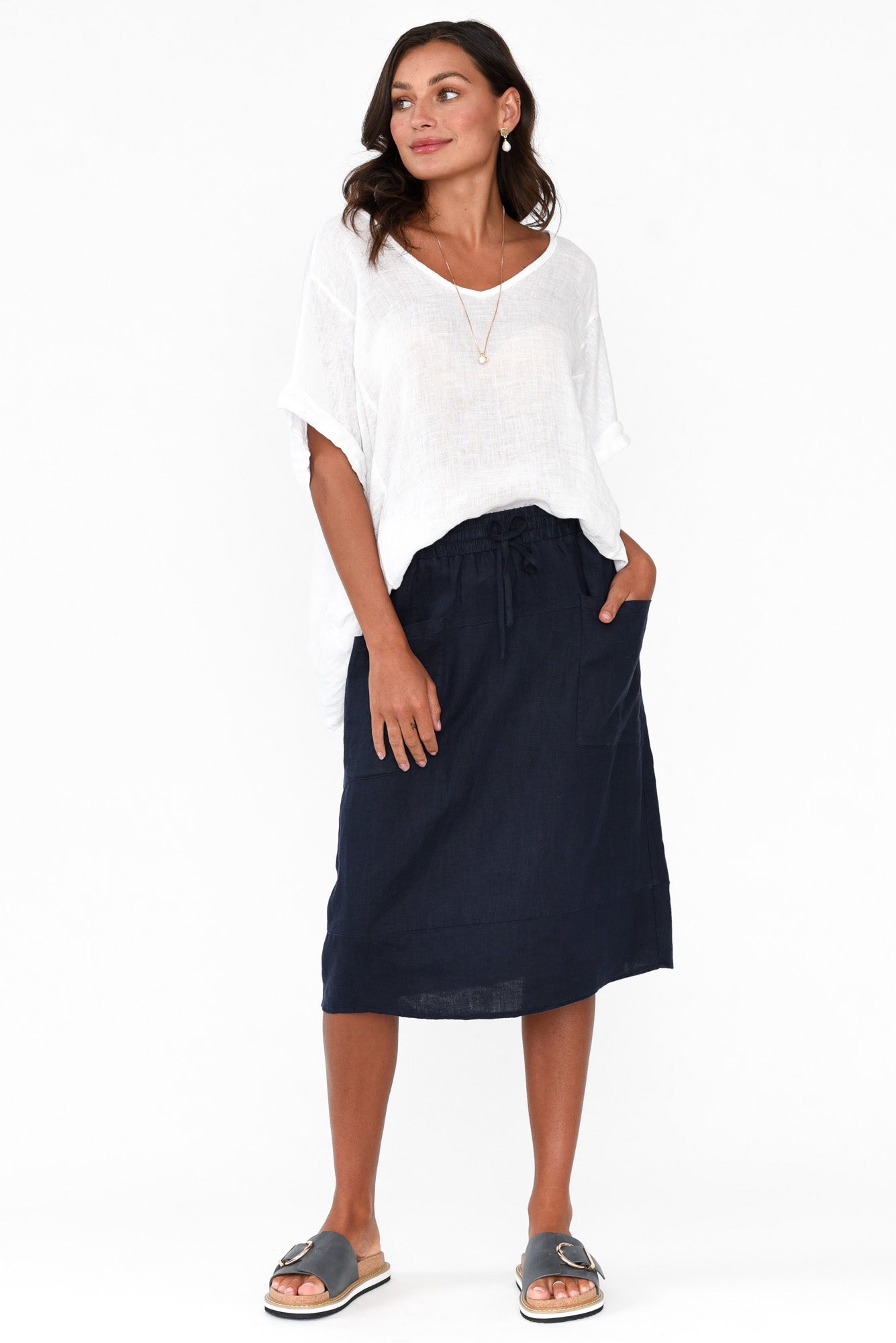 Claire Navy Linen Pocket Midi Skirt