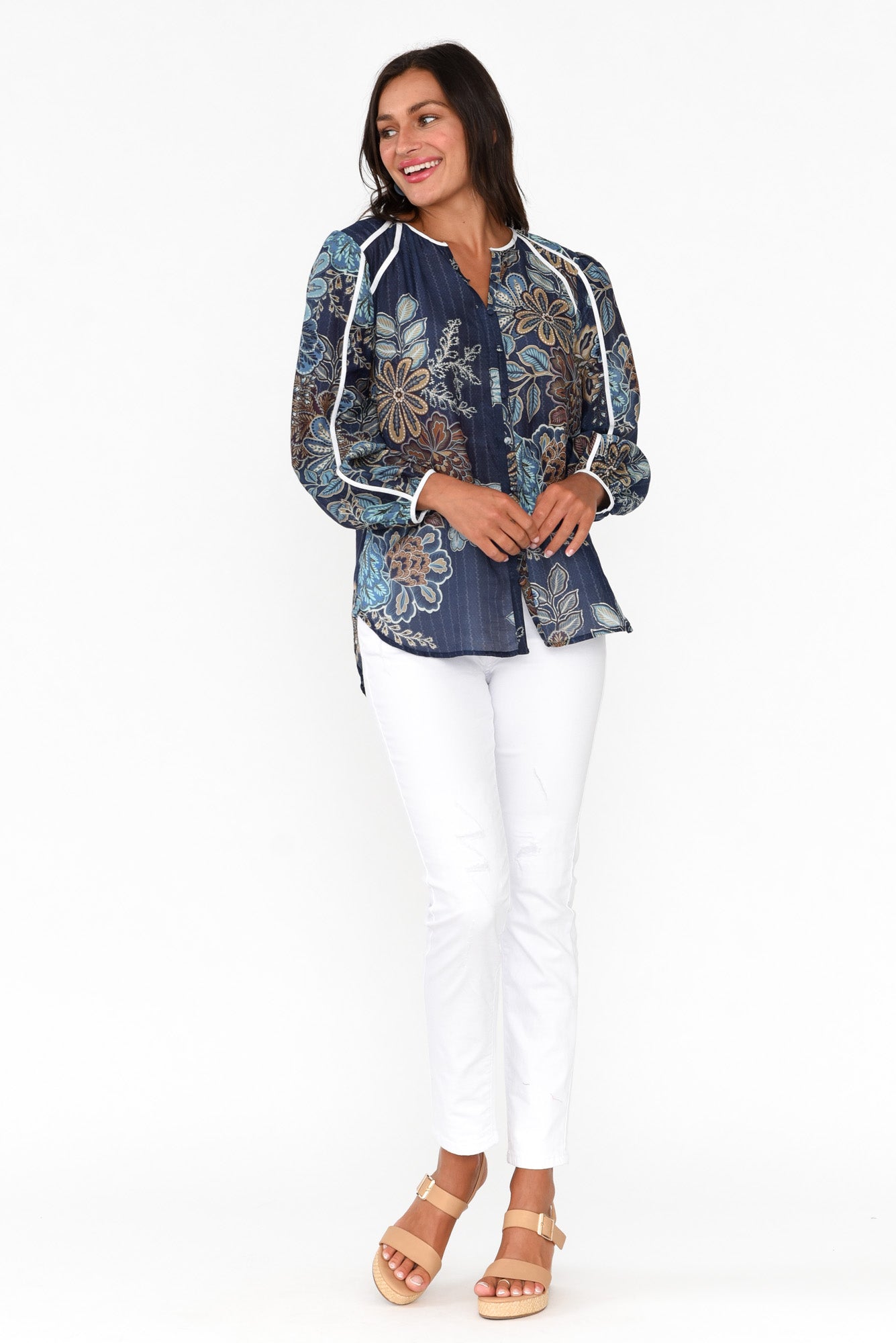 Gracia Navy Flower Cotton Silk Top