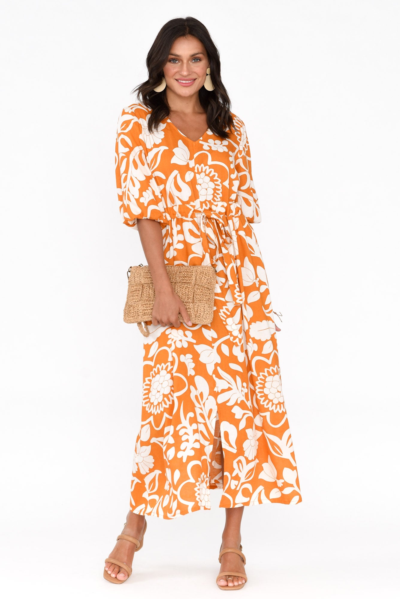 Ava Orange Garden Puff Sleeve Dress