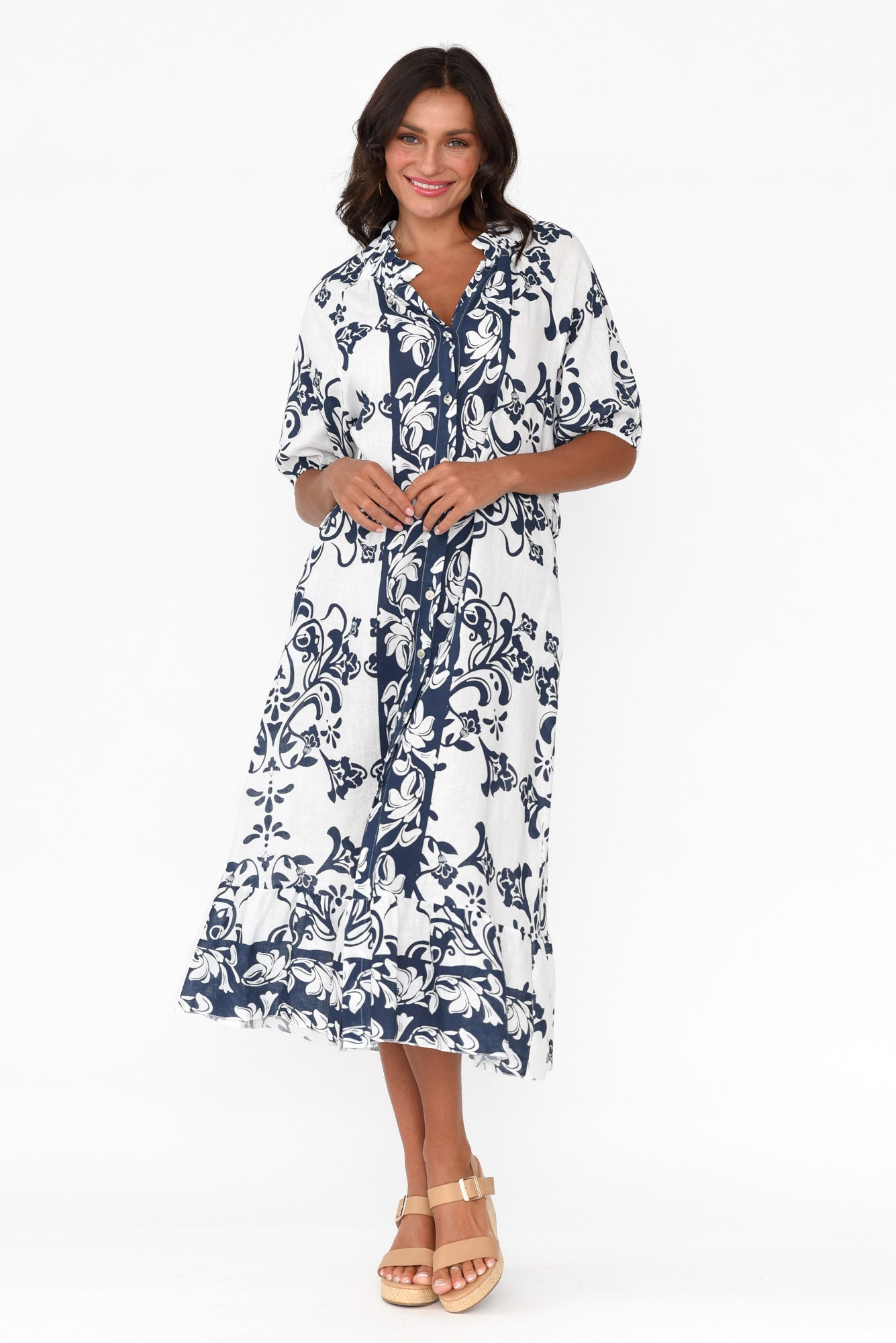 Pascale Navy Floral Linen Cotton Dress
