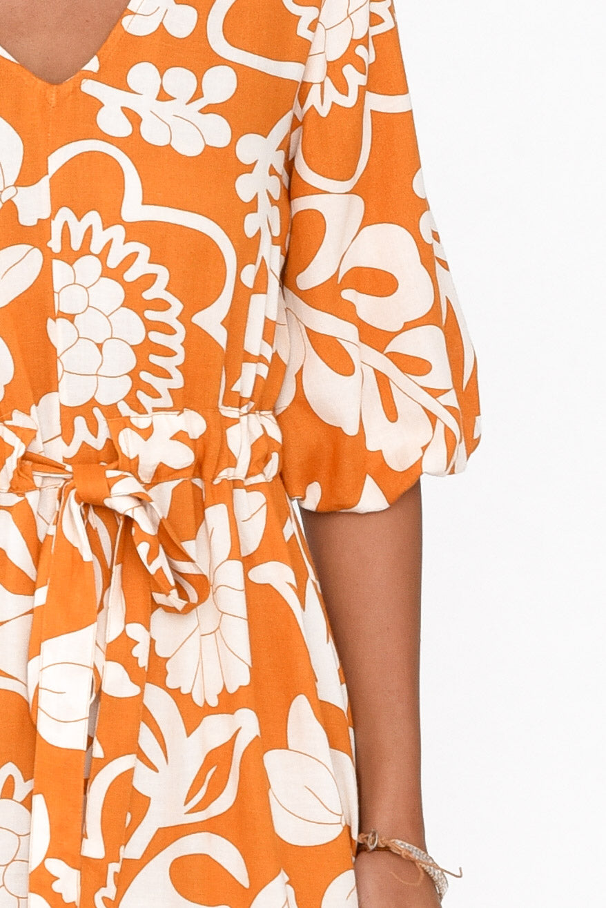 Ava Orange Garden Puff Sleeve Dress
