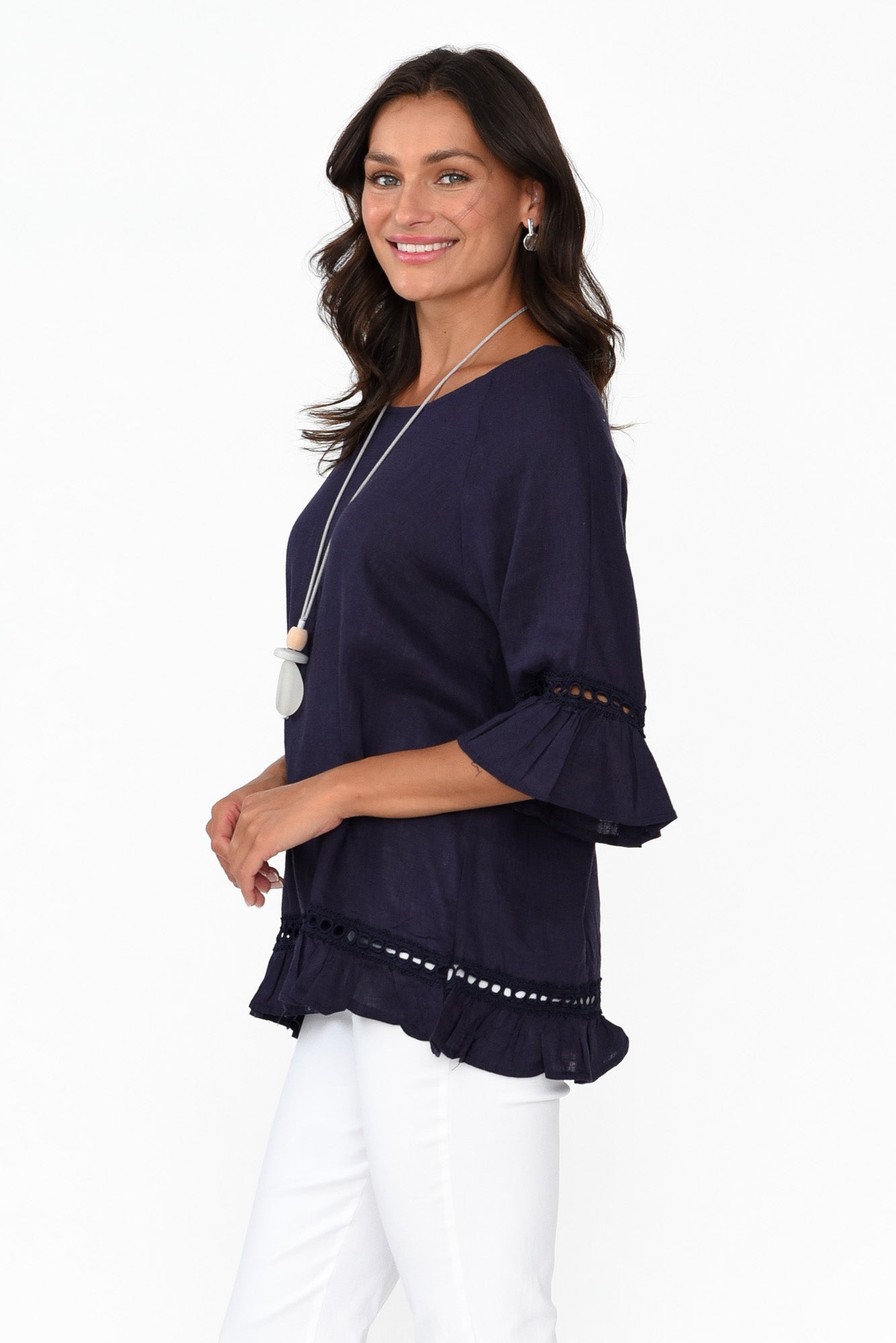 Tinker Navy Linen Cotton Ruffle Top