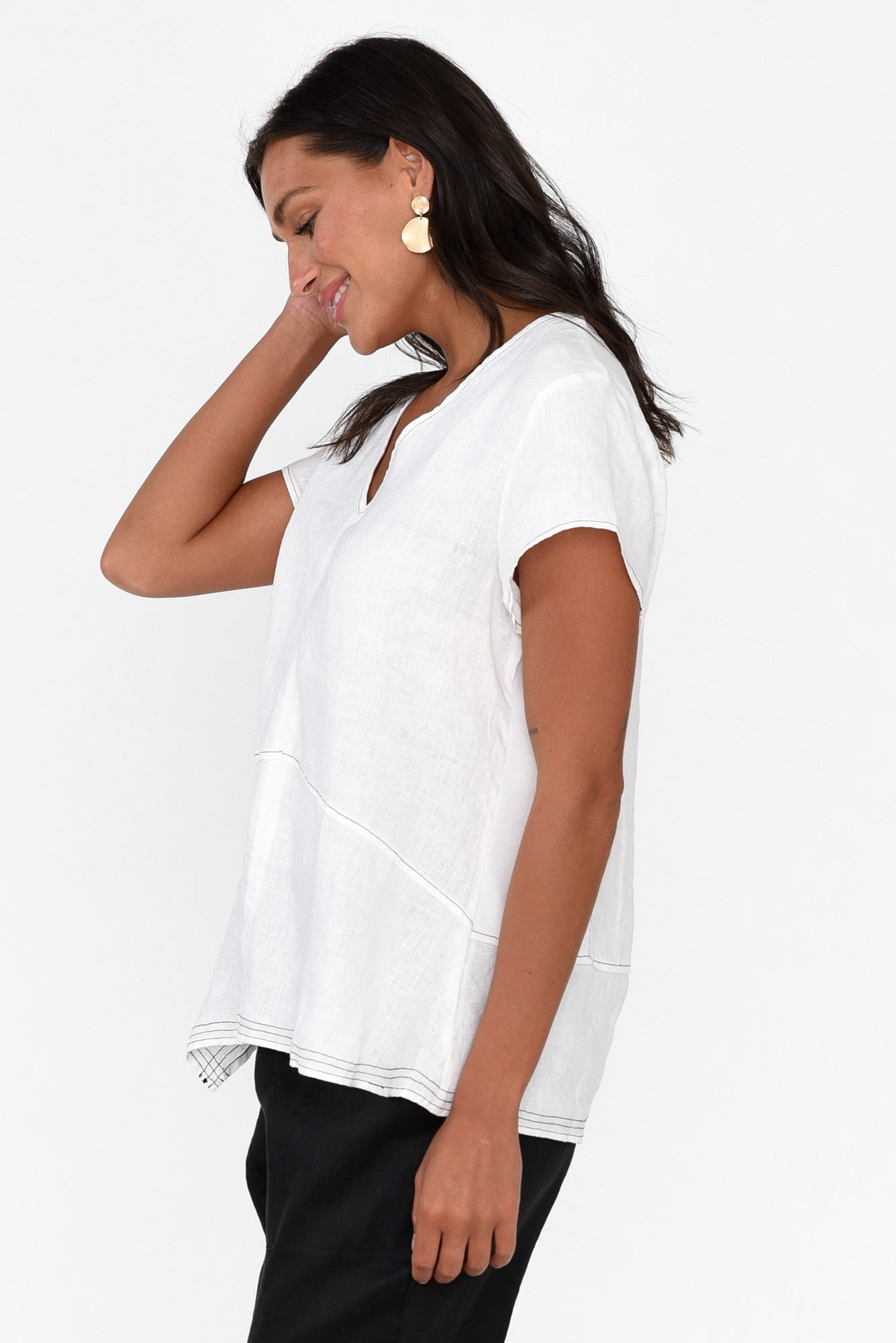 Lindy White Linen V Neck Top