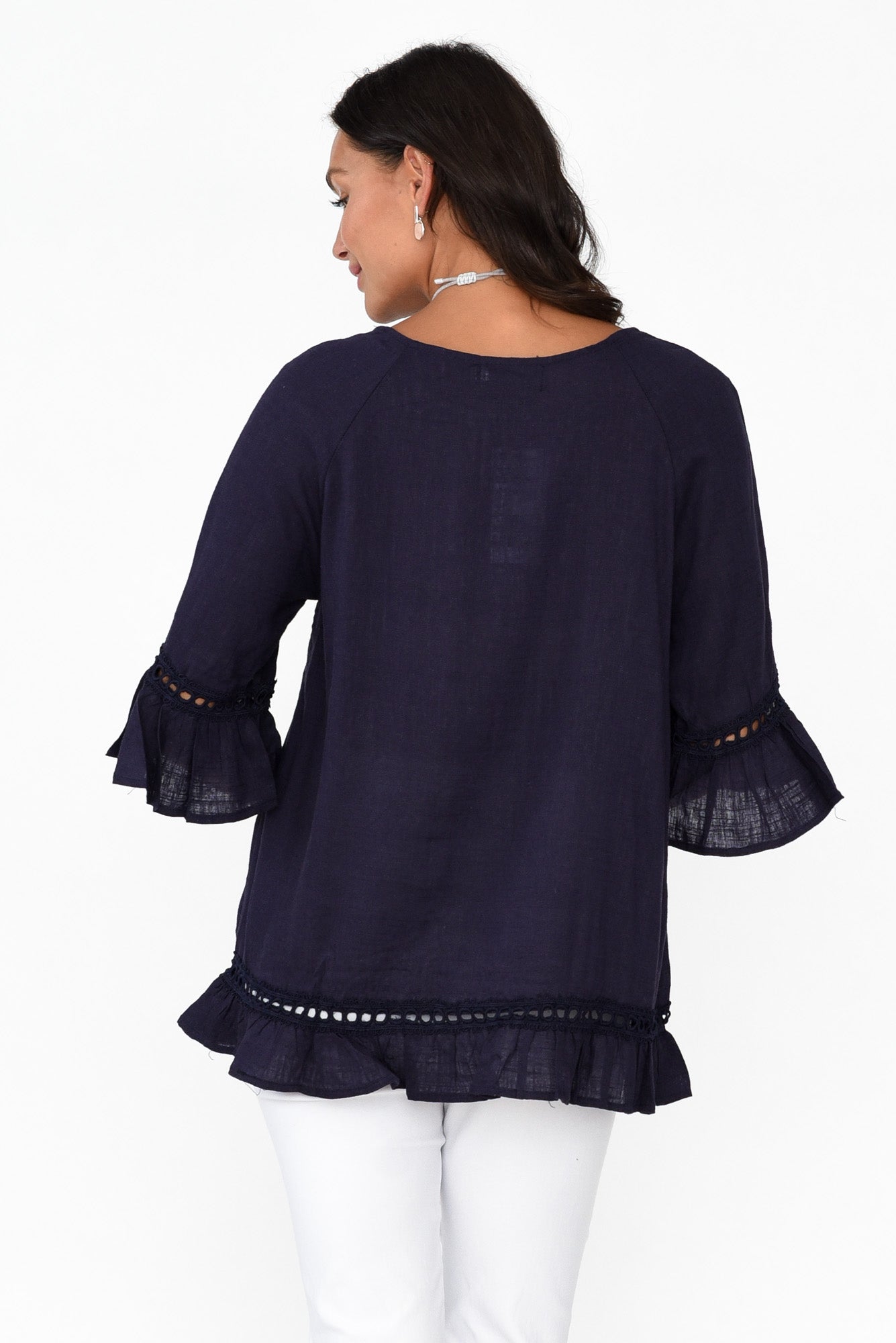 Tinker Navy Linen Cotton Ruffle Top