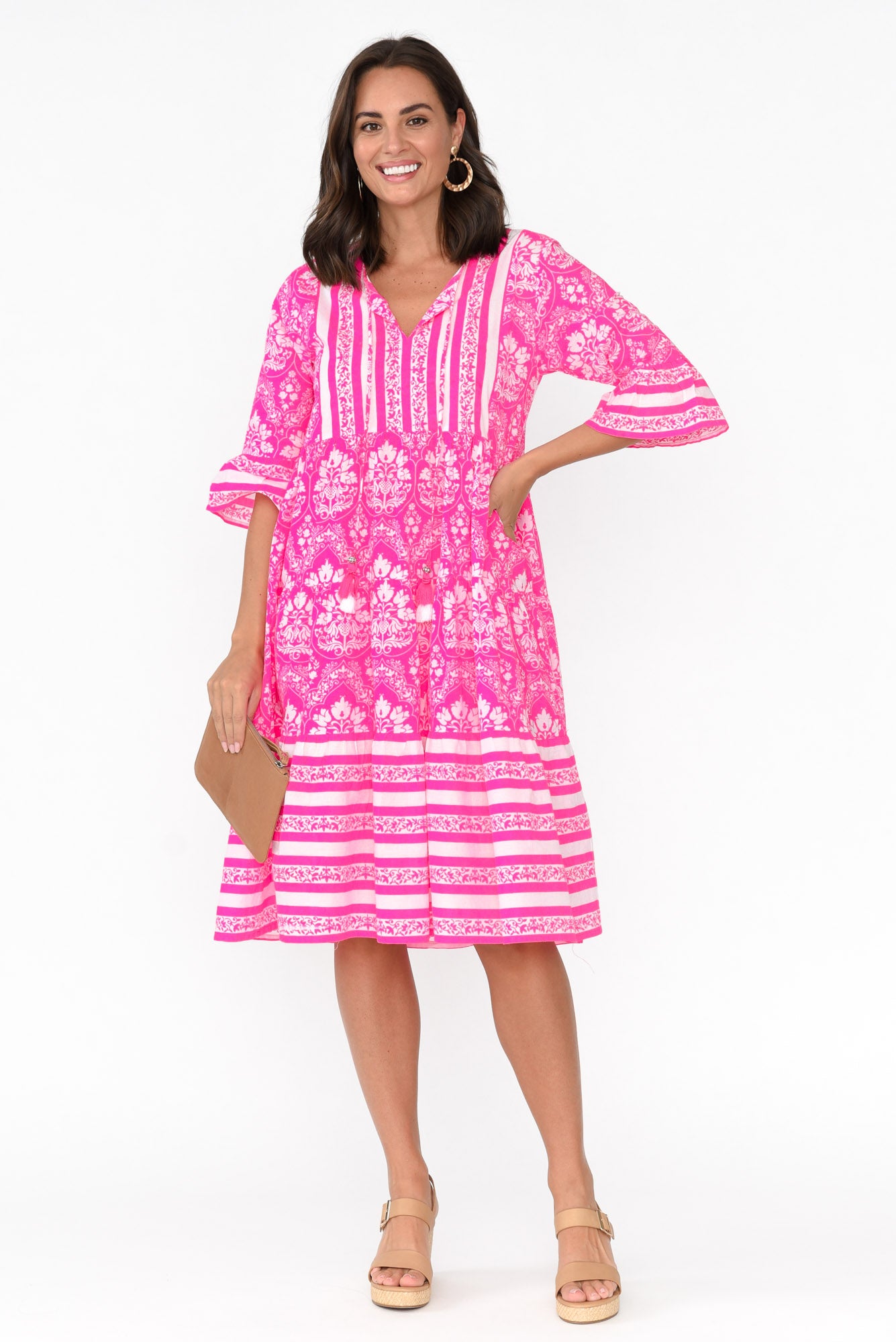 Amber Hot Pink Damask Cotton Dress