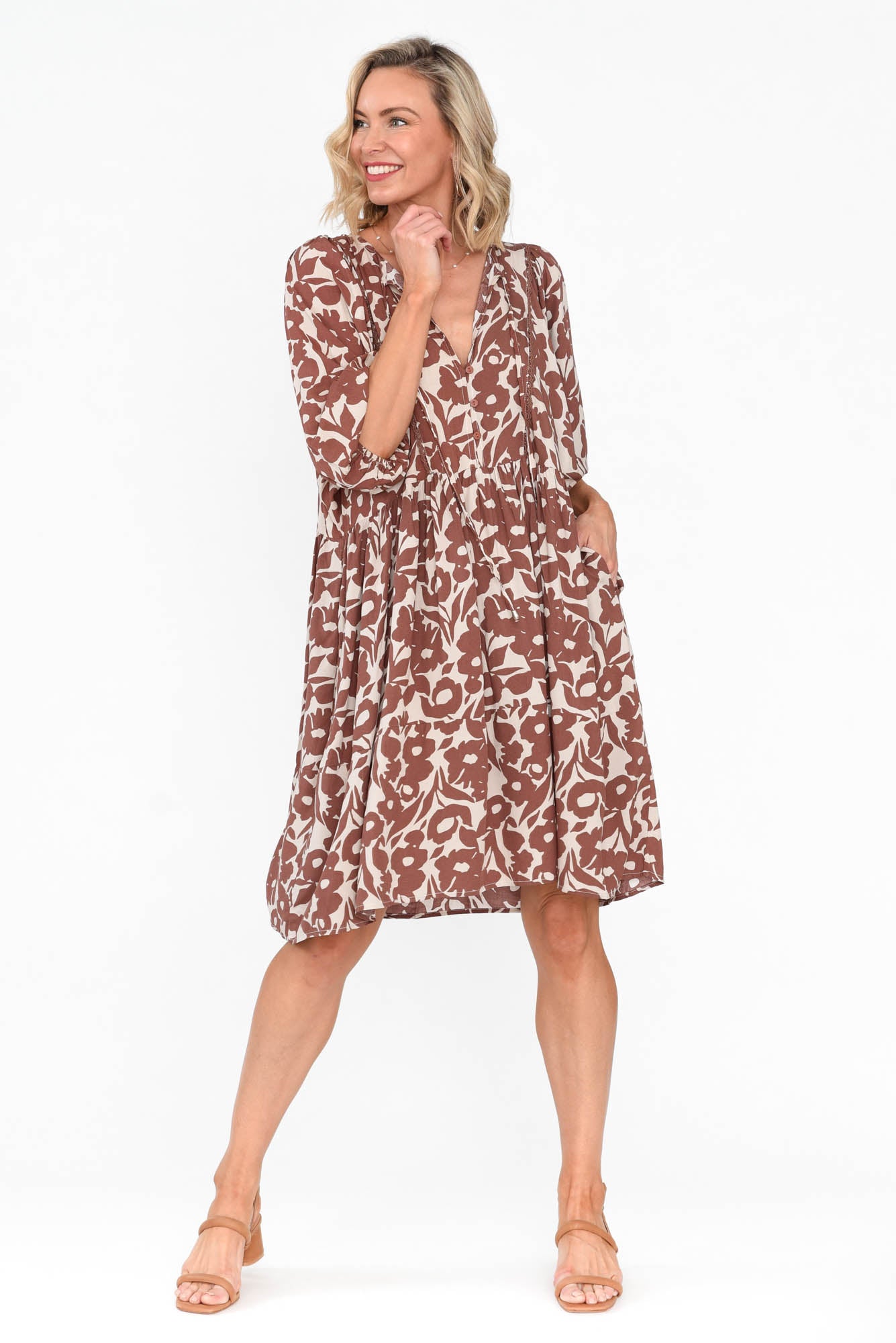 Lyric Brown Floral Pocket Dress