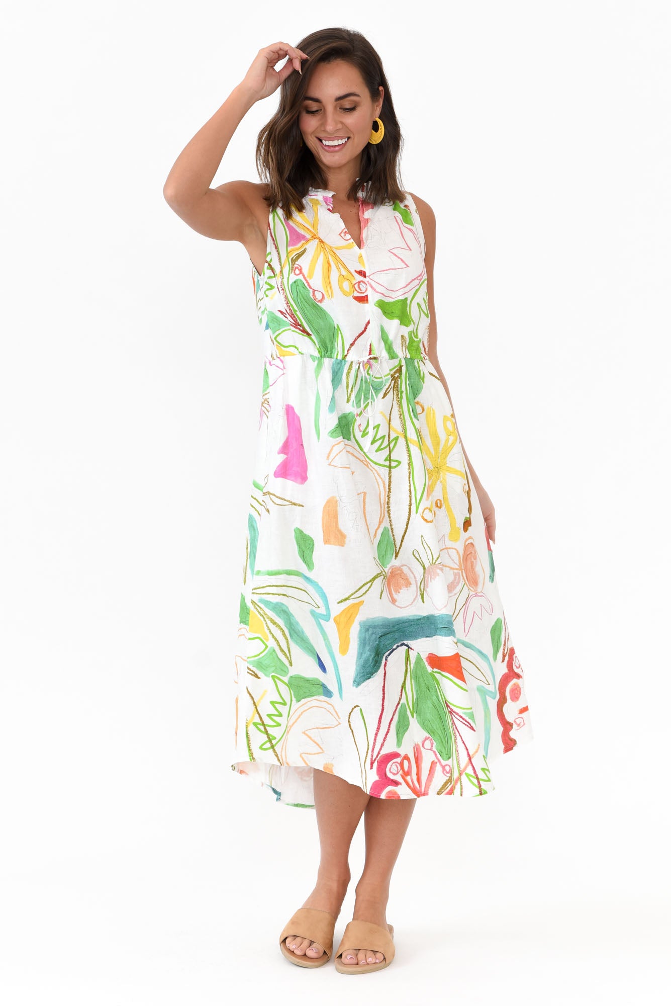 Adams White Abstract Linen Dress