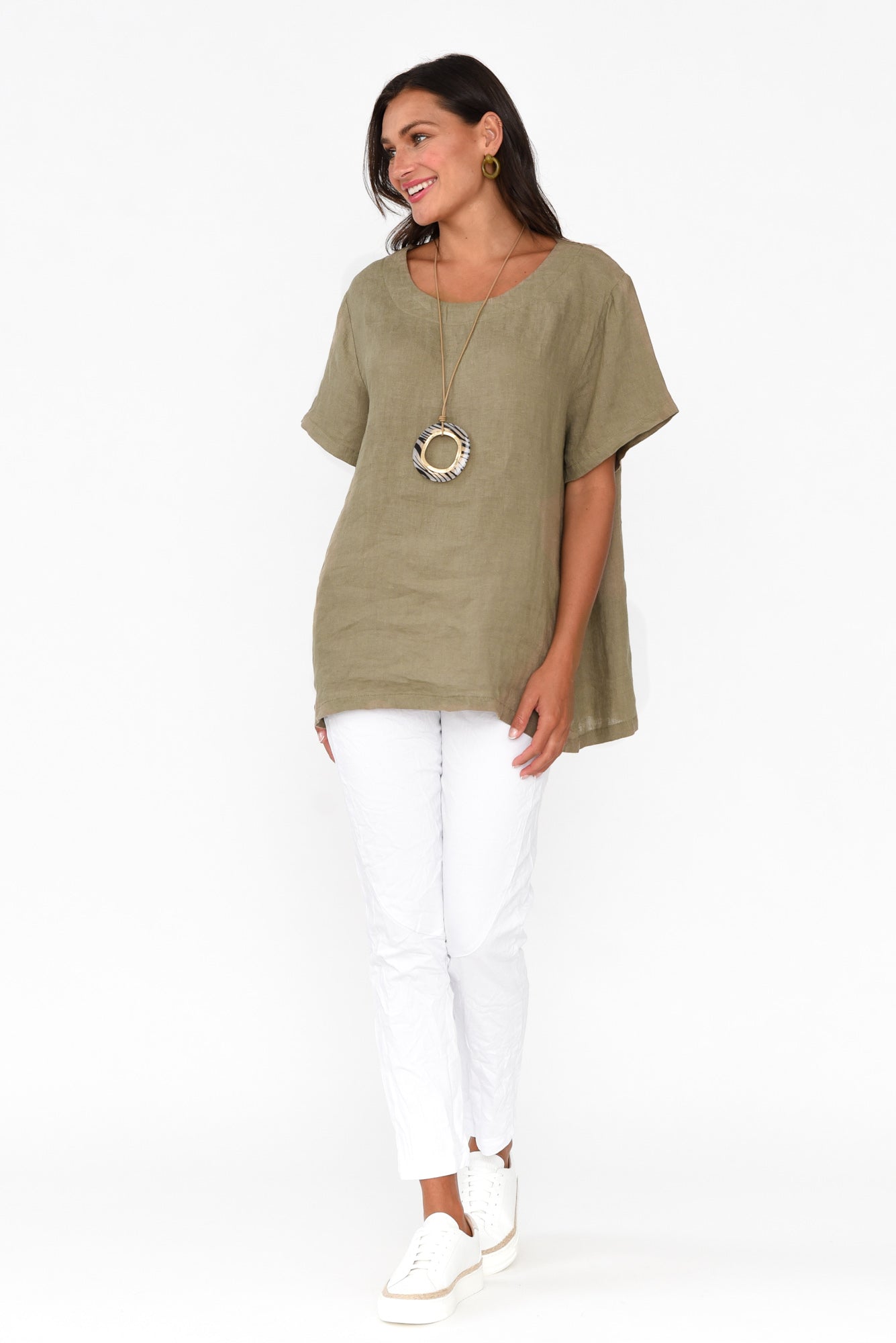 Micah Khaki Linen Scoop Neck Top