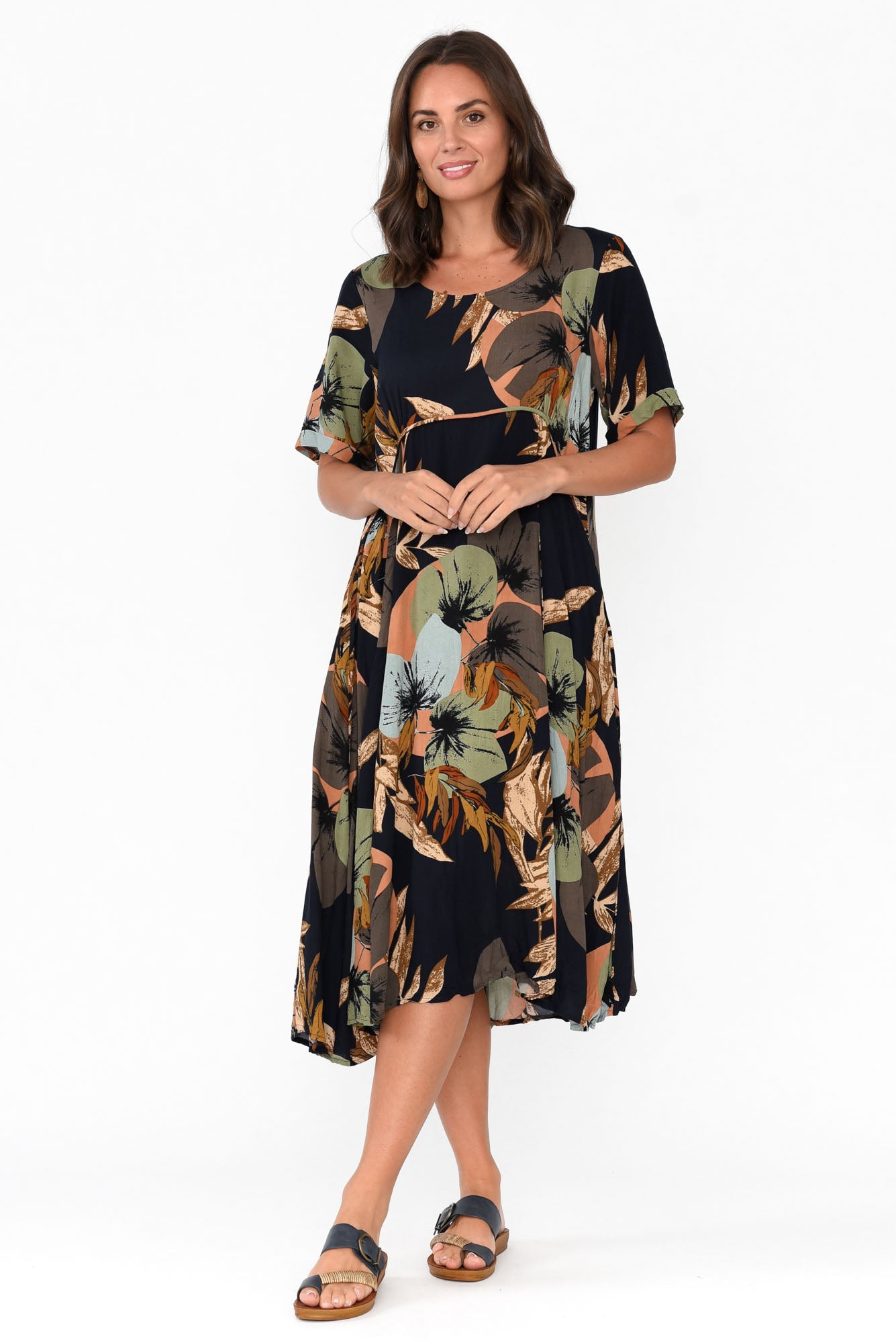 Yazi Navy Abstract Pocket Midi Dress