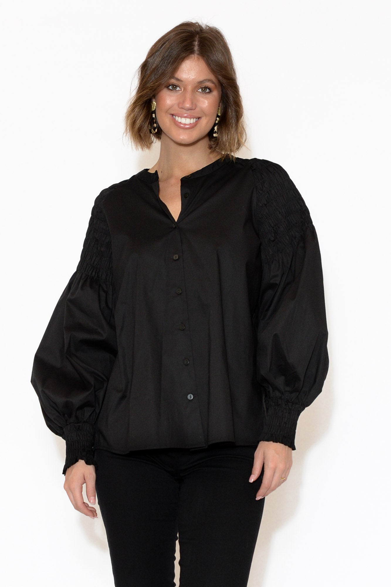 Arlo Black Shirred Cotton Shirt