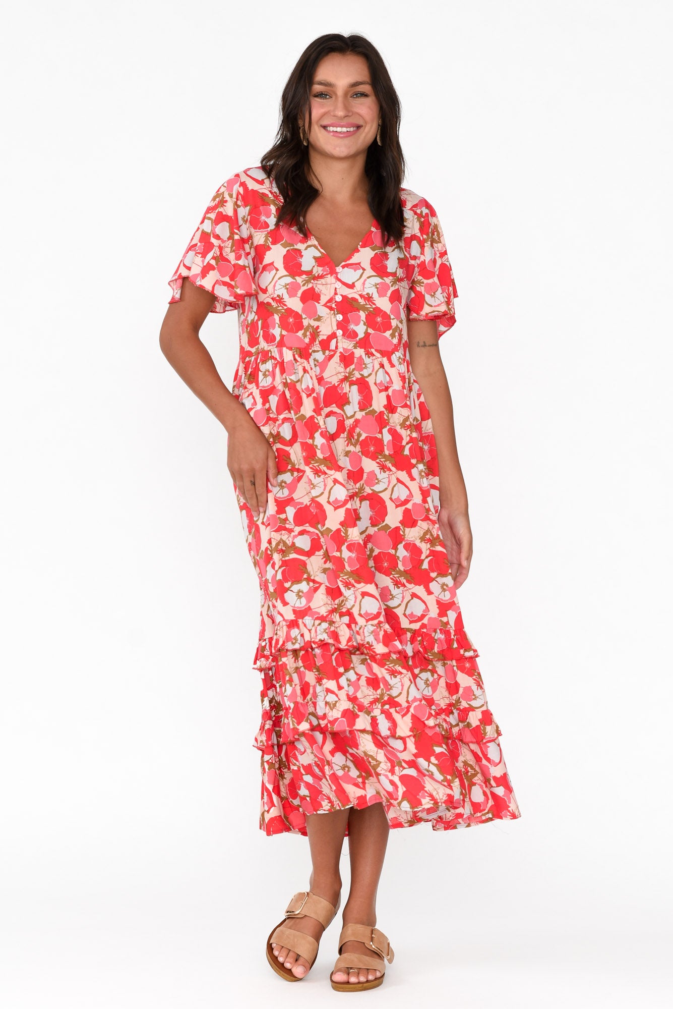 Akira Red Bloom Button Tier Dress