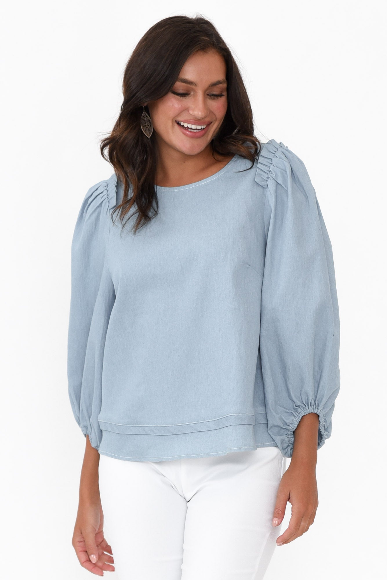 Ferguson Light Blue Cotton Blend Frill Top