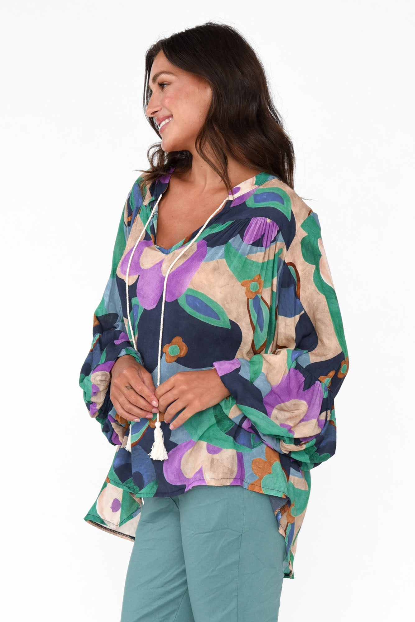 Althea Navy Floral V Neck Top