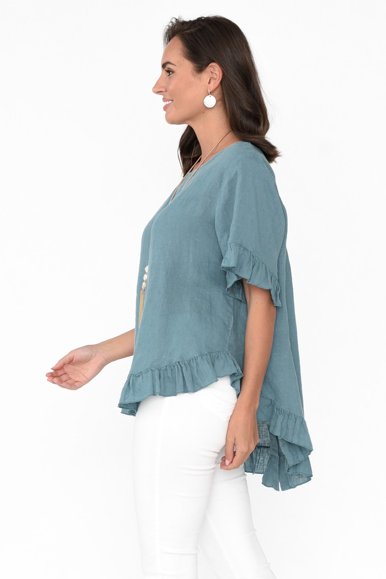 Genevieve Blue Linen Frill Top