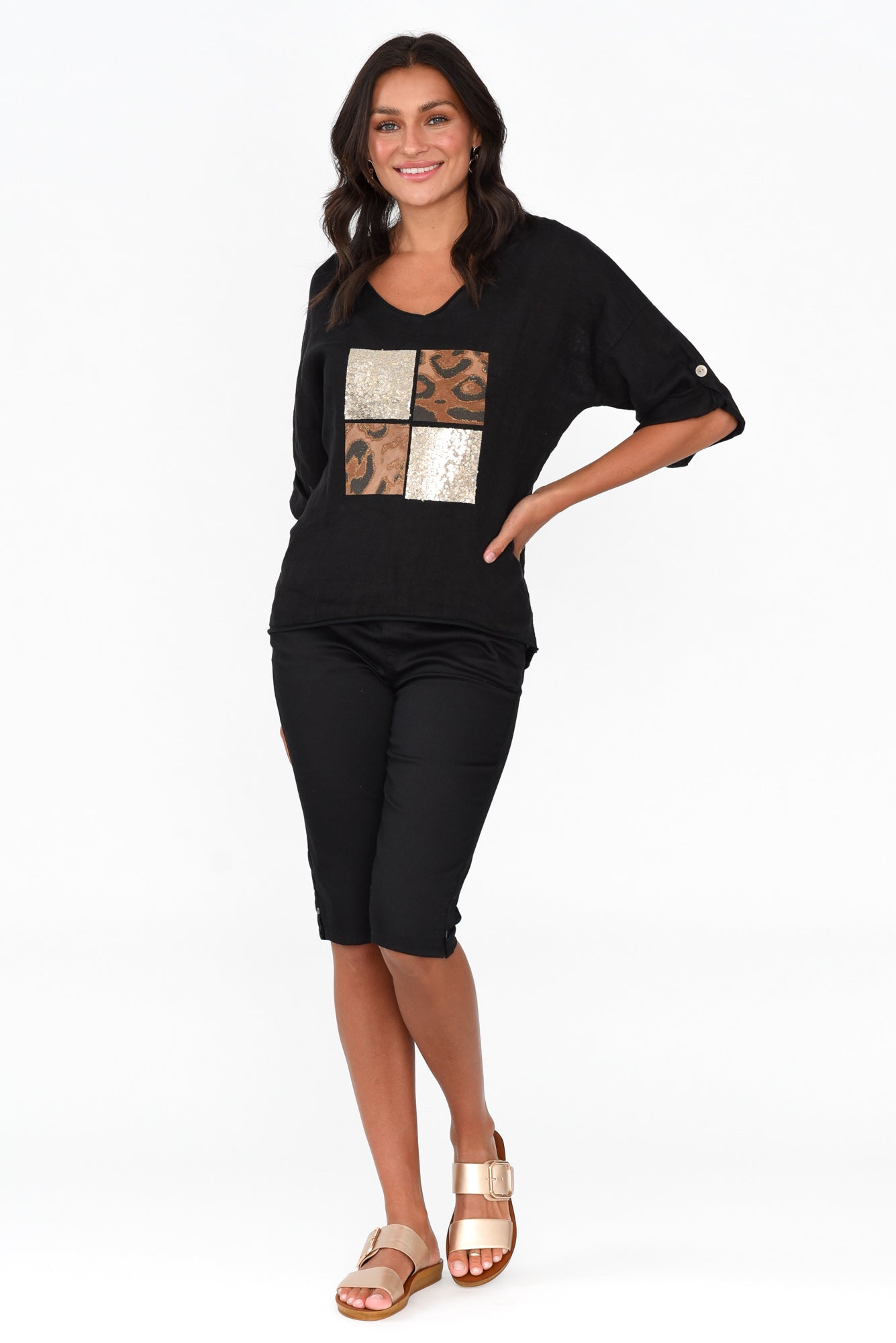 Pavla Black Leopard Linen V Neck Top