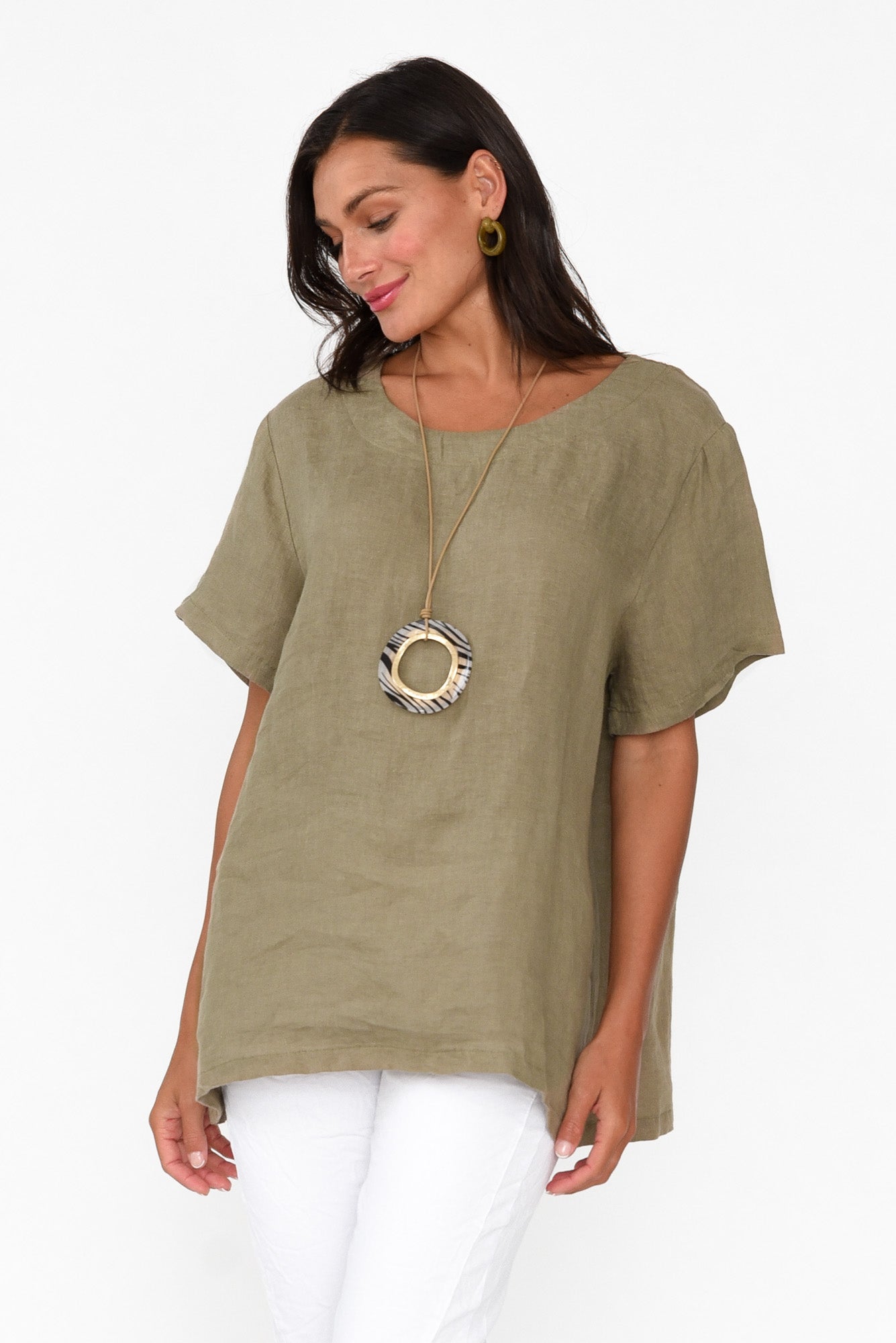 Micah Khaki Linen Scoop Neck Top