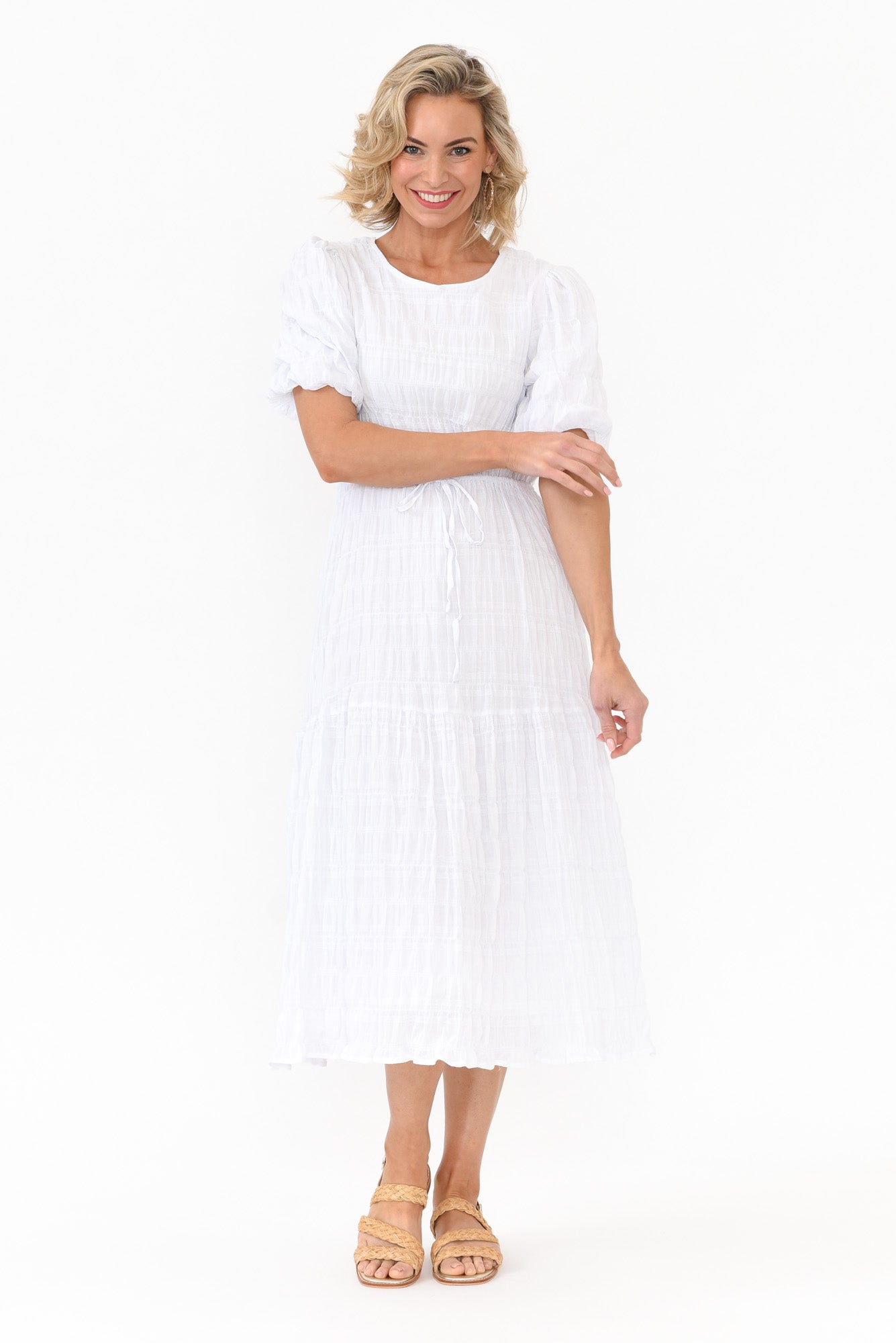 Rava White Cotton Tie Dress