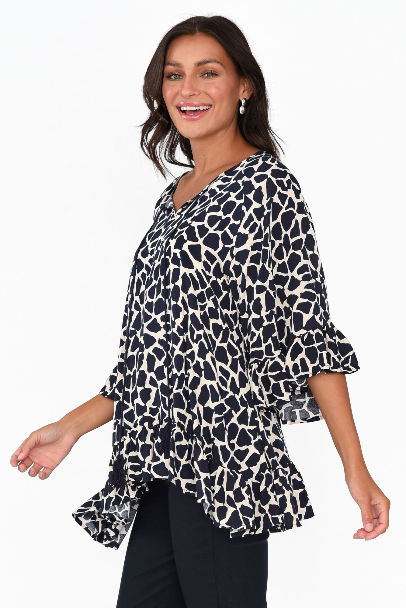 Chase Navy Abstract Tassel Ruffle Top