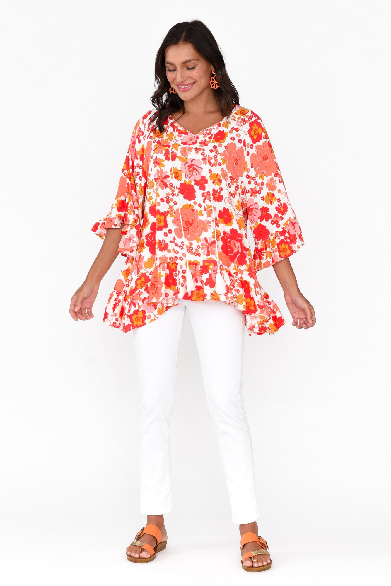 Chase Red Bloom Tassel Ruffle Top