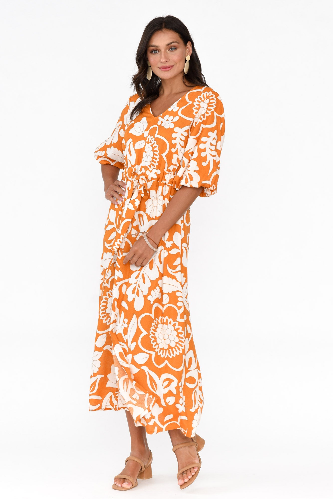 Ava Orange Garden Puff Sleeve Dress