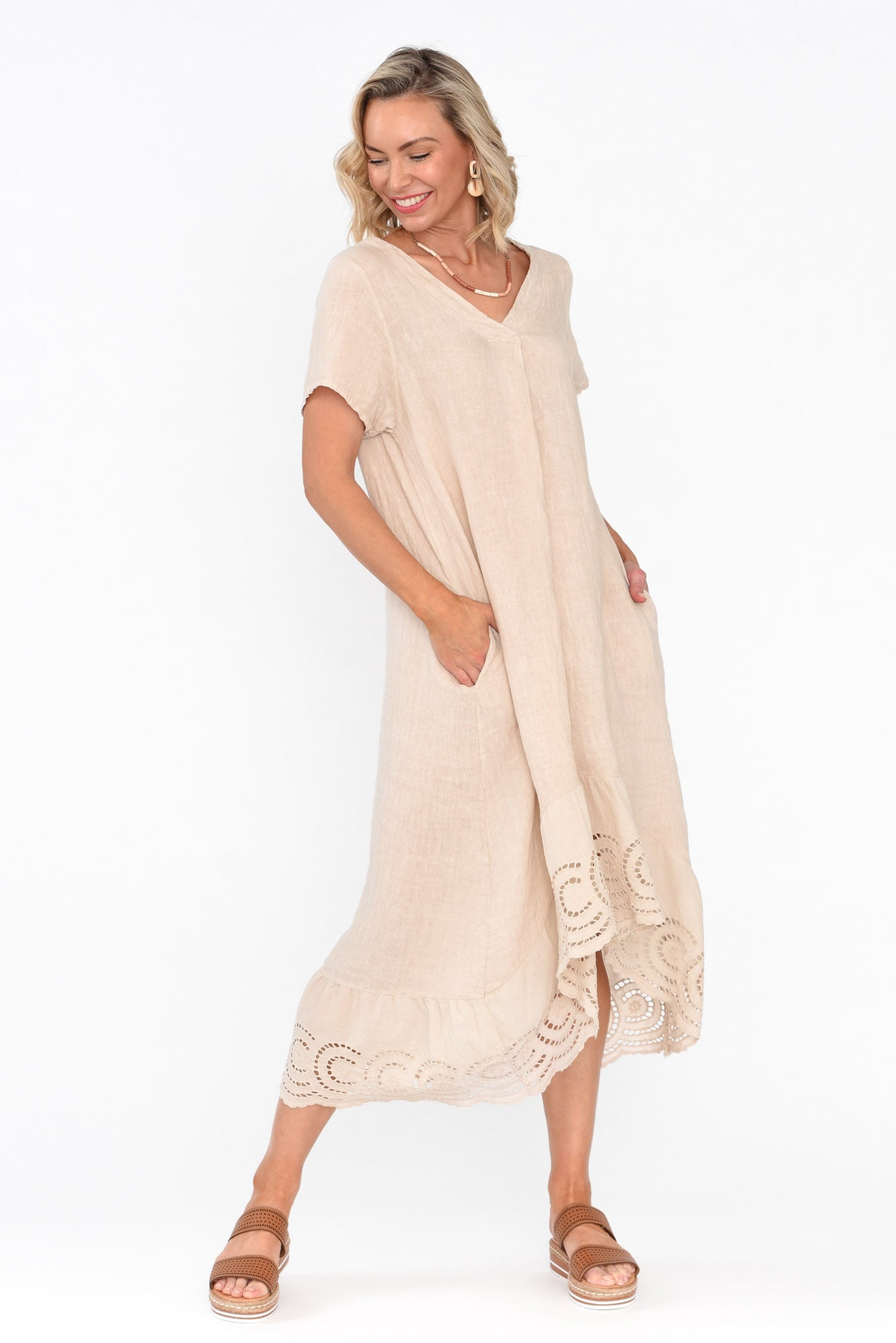 Ravella Beige Linen V Neck Dress