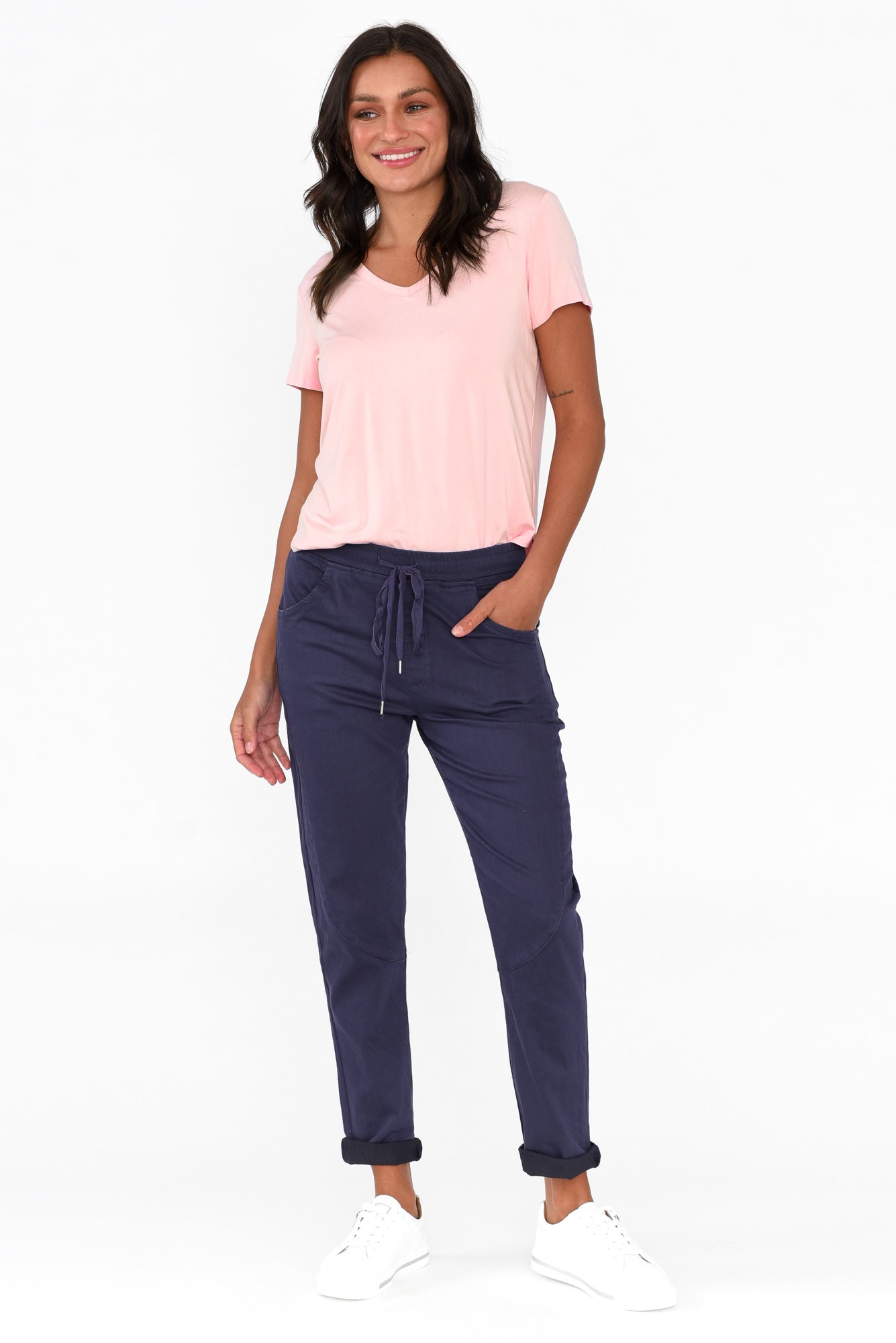 Joselyn Navy Cotton Blend Drawstring Pant