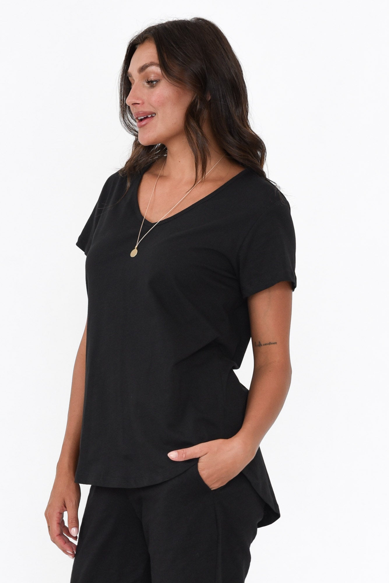 Ava Black Cotton V Neck Tee
